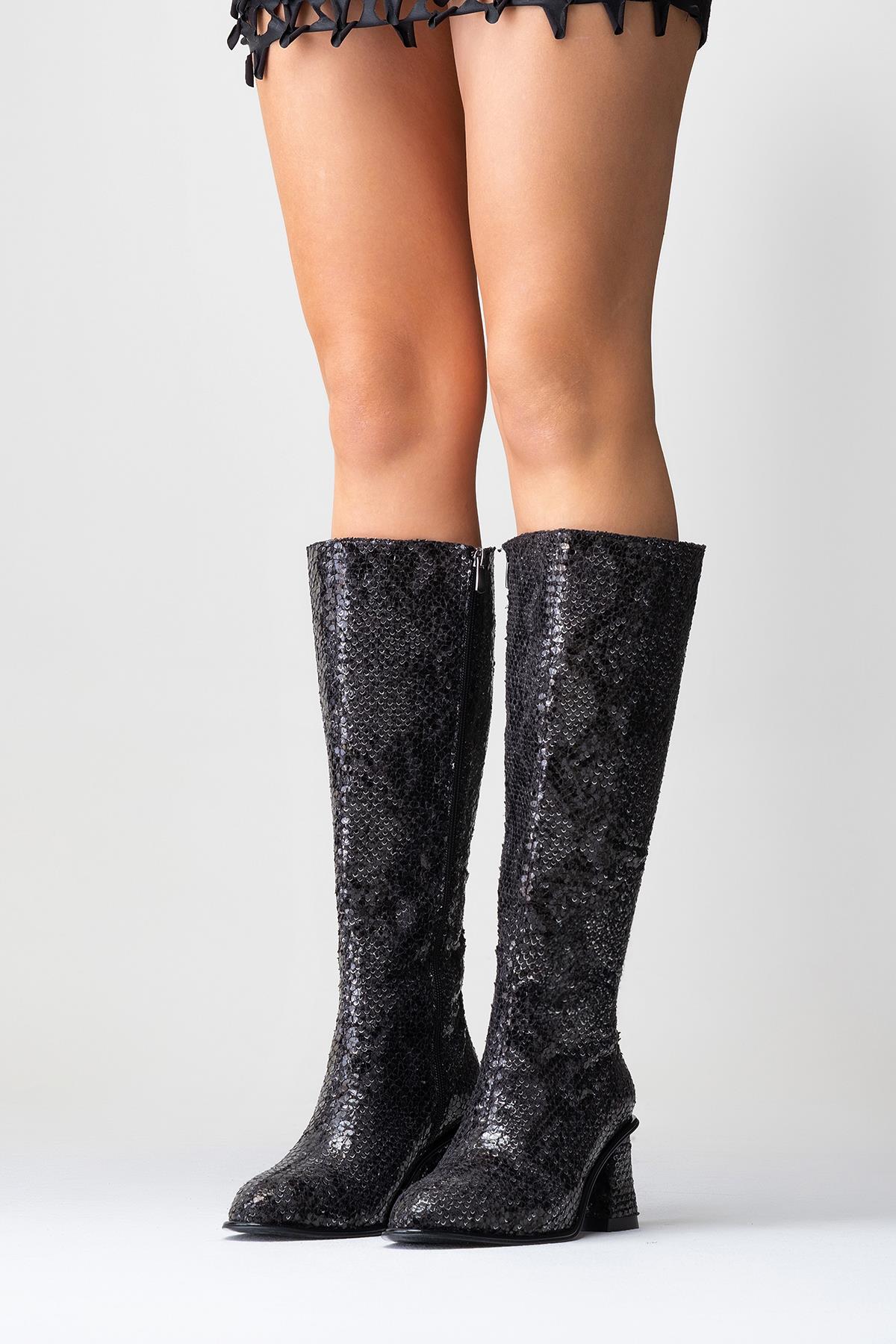 Elly Black Pattern Block Heel Boot (Women)