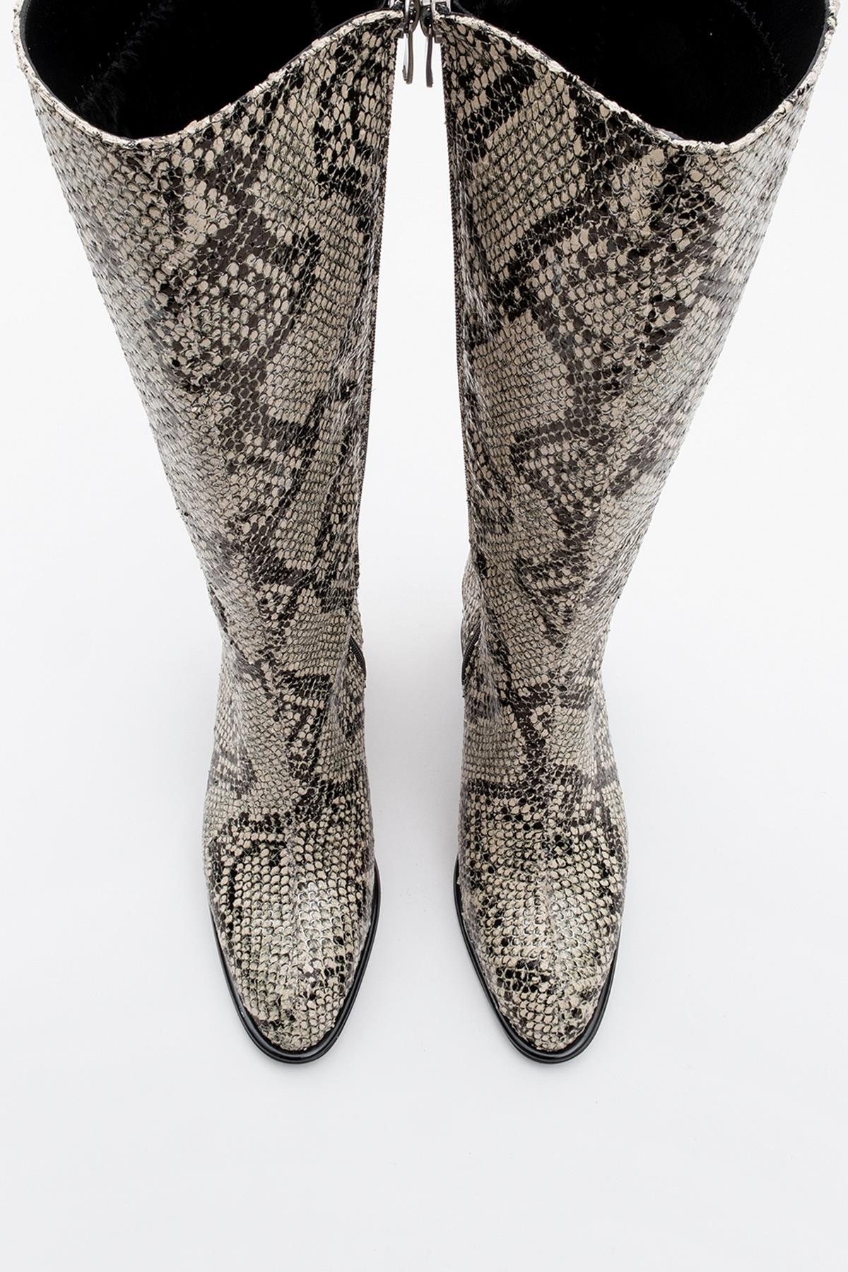 Elly Black White Pattern Block Heel Boot (Women)