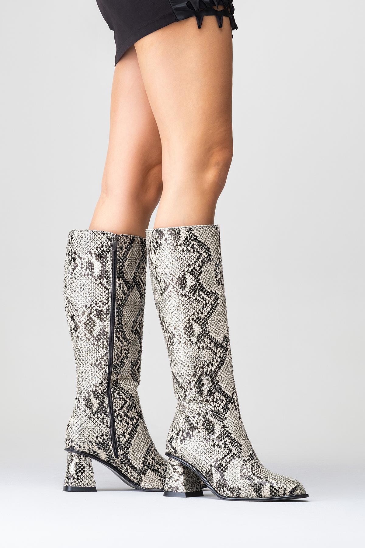 Elly Black White Pattern Block Heel Boot (Women)