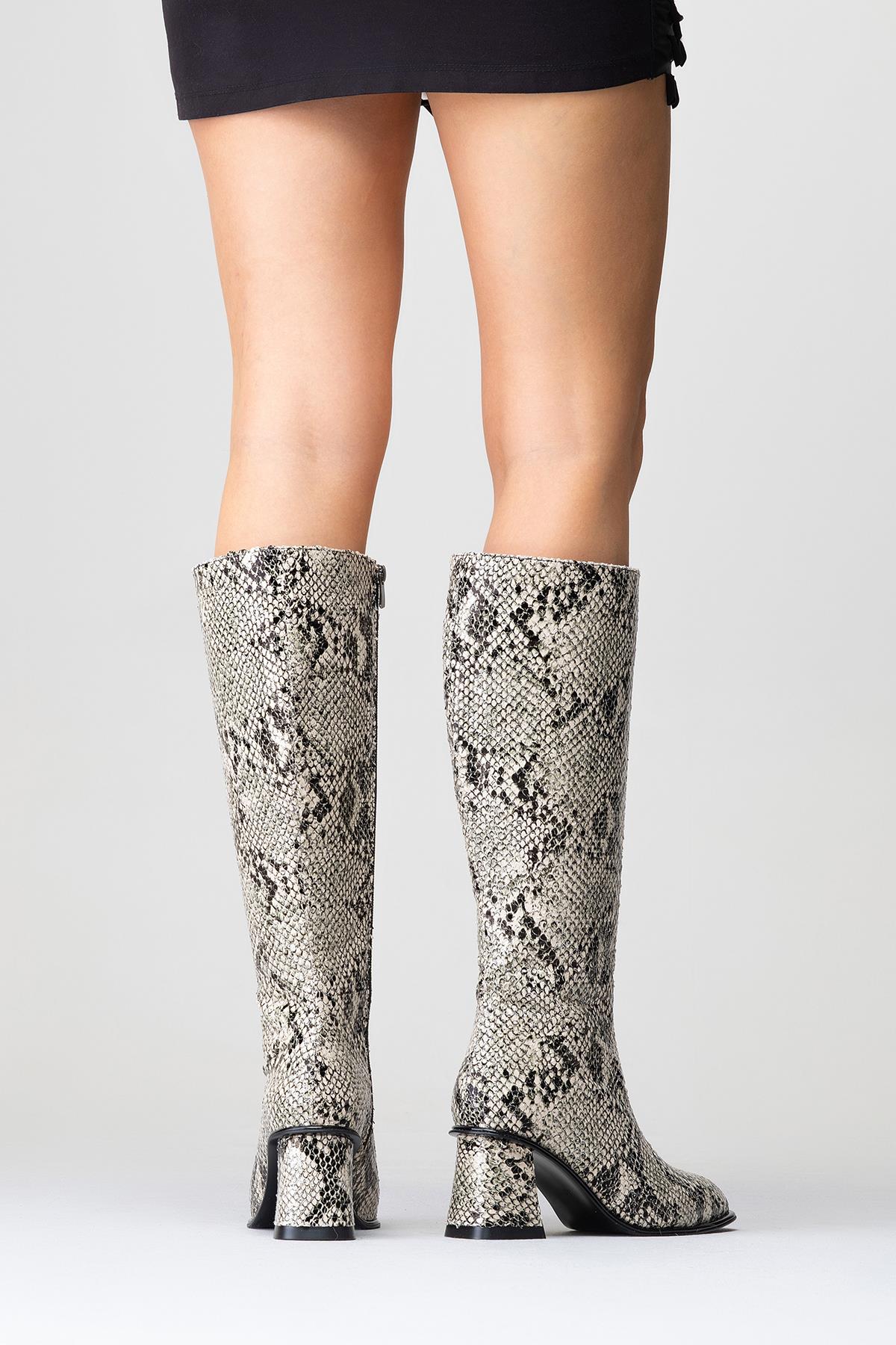 Elly Black White Pattern Block Heel Boot (Women)