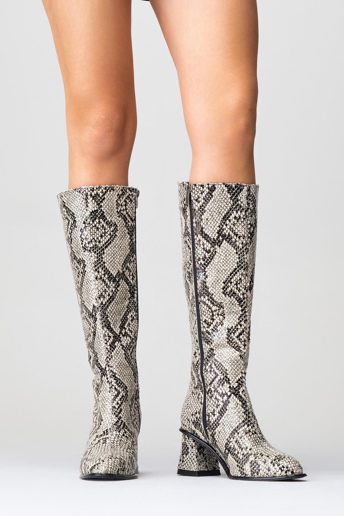 Elly Black White Pattern Block Heel Boot (Women)