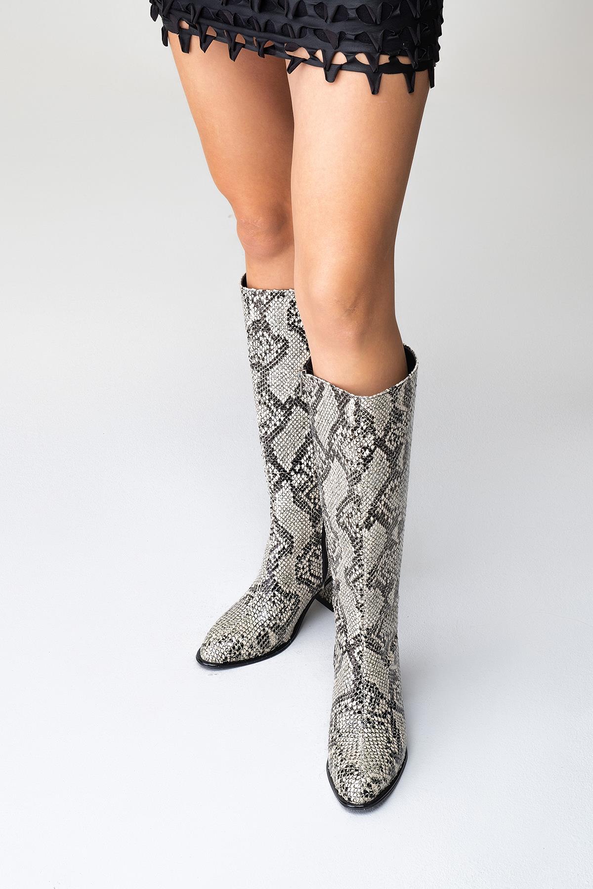 Elly Black White Pattern Block Heel Boot (Women)