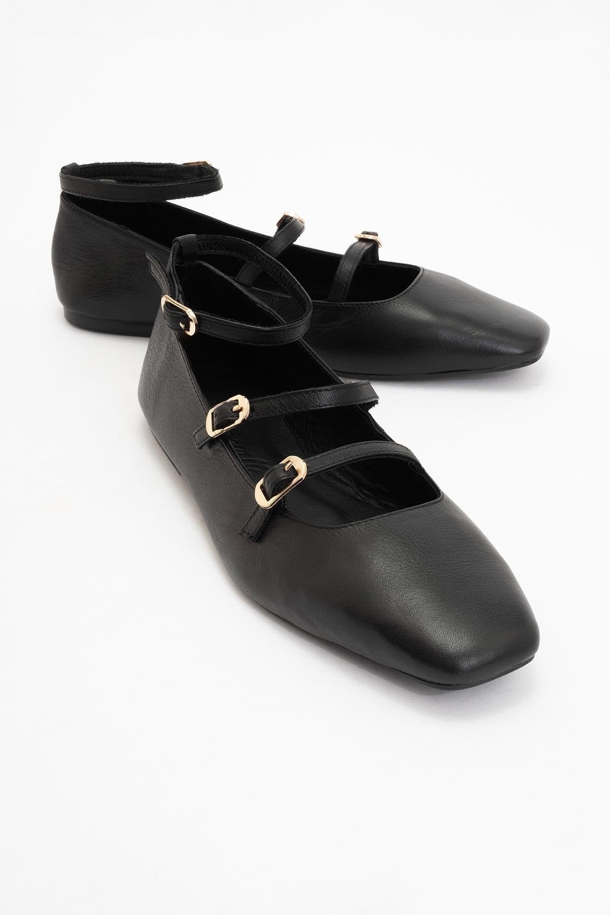 Serena - Black Leather Mary Jane Flats