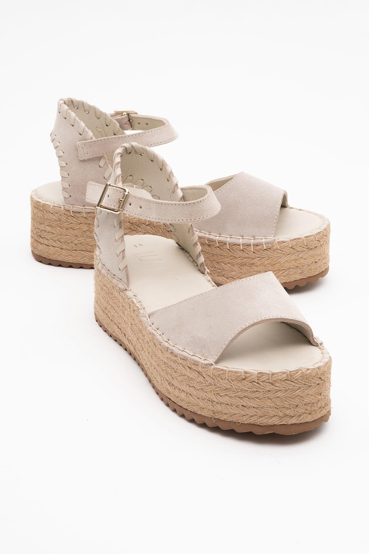 Serez - Beige Suede Leather Platform Espadrilles Sandal (Women)
