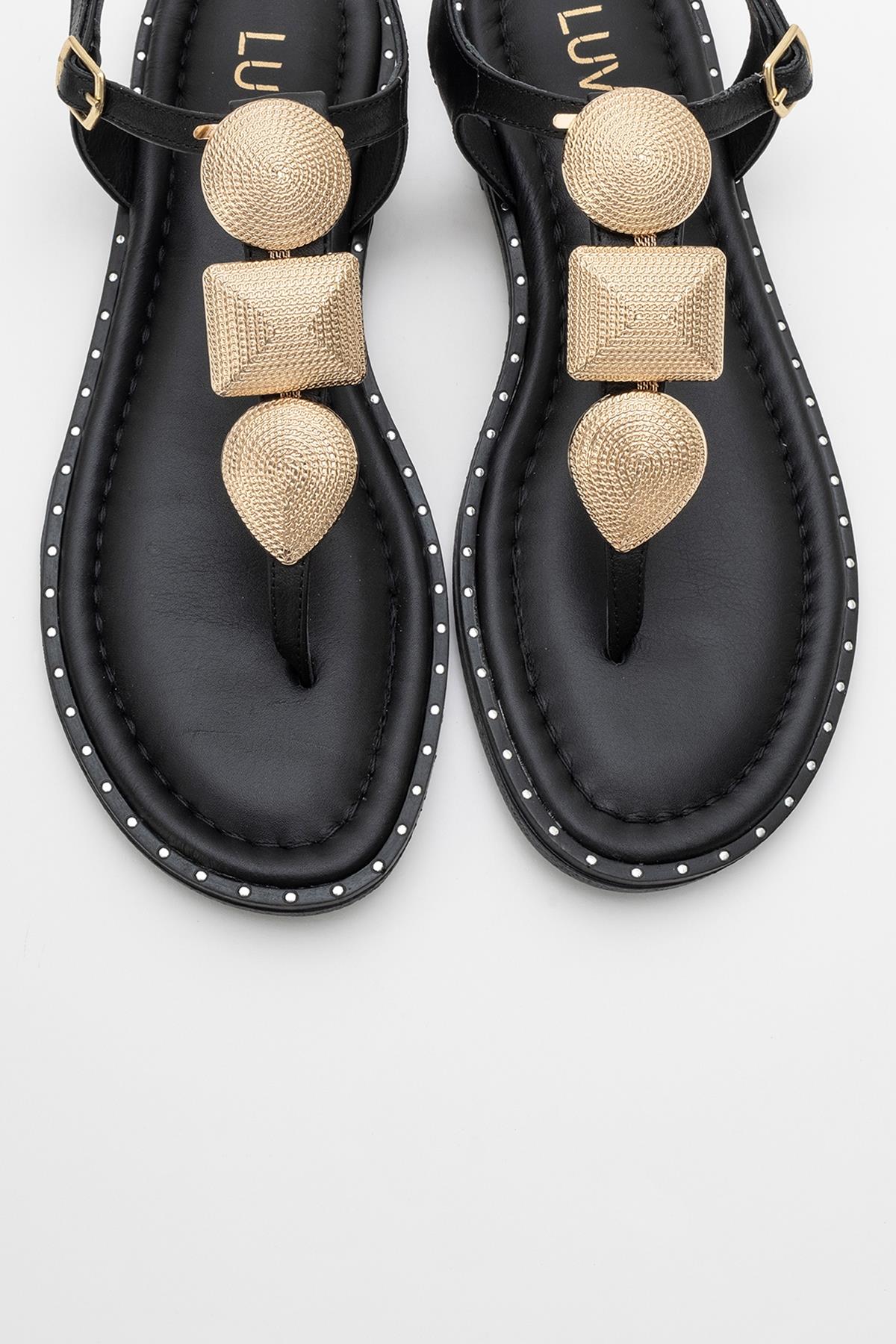 Giulia - Black Leather Flat Sandal (Women)