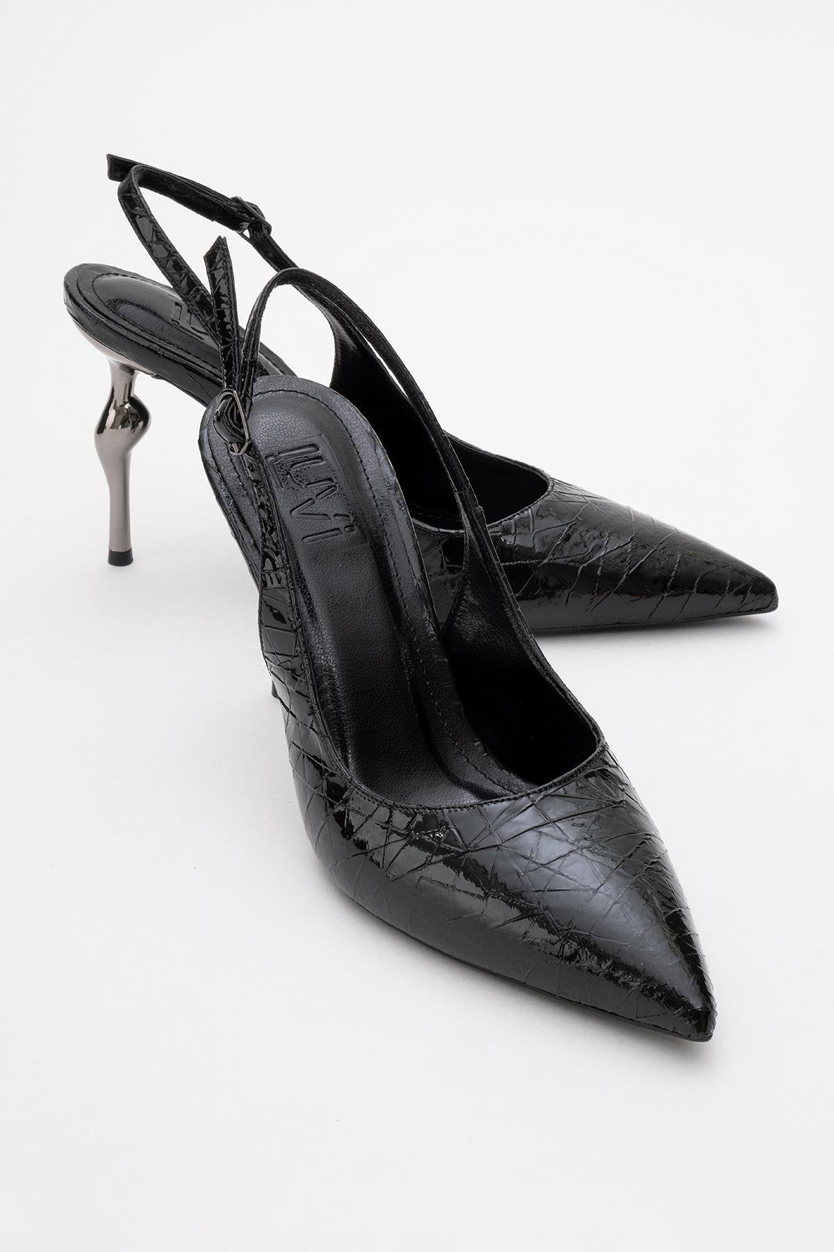 Chica - Black Patterned Backless Pointed High Heel (Women)