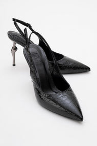 Chica - Black Patterned Backless Pointed High Heel (Women)