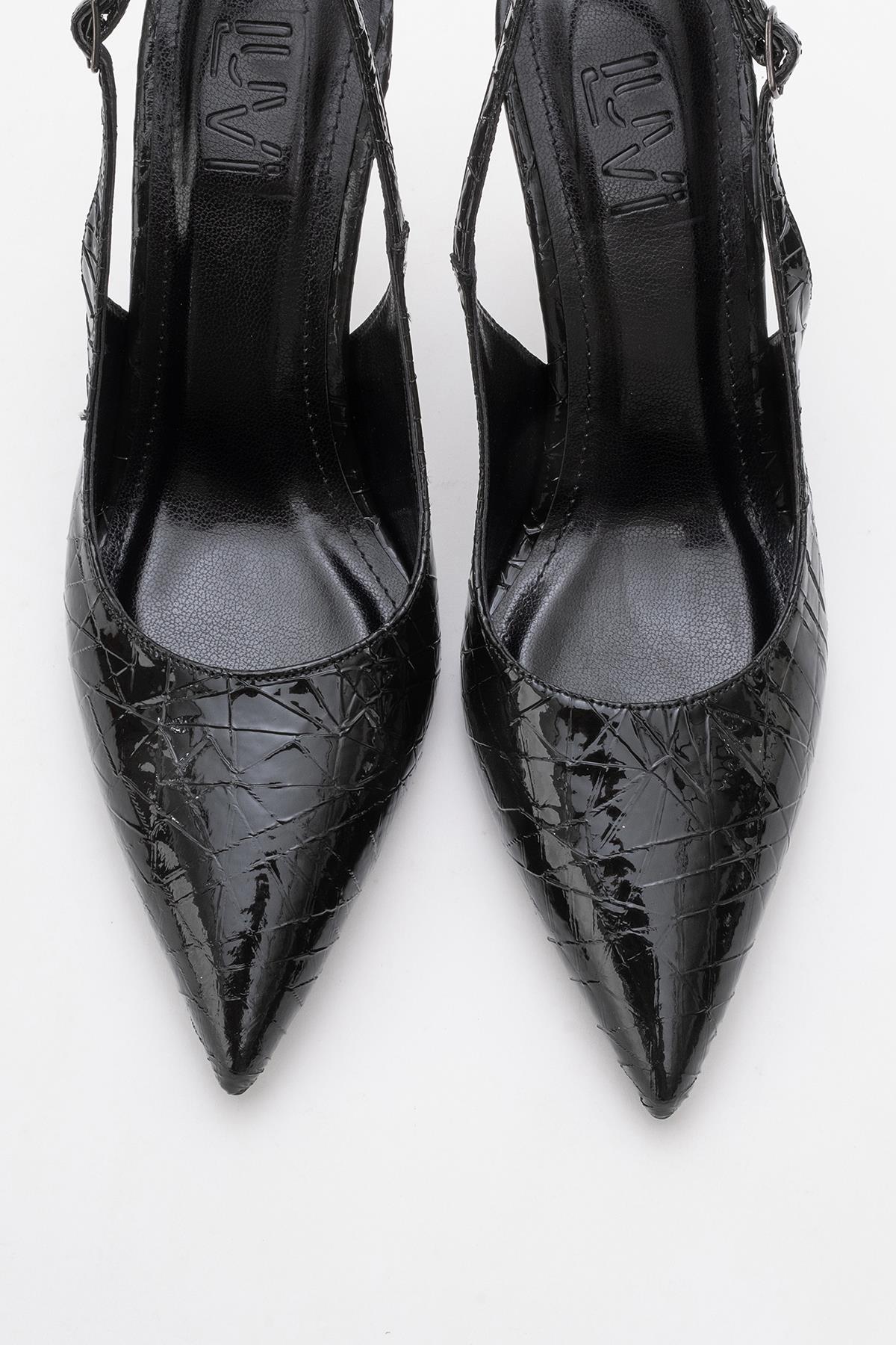 Chica - Black Patterned Backless Pointed High Heel (Women)