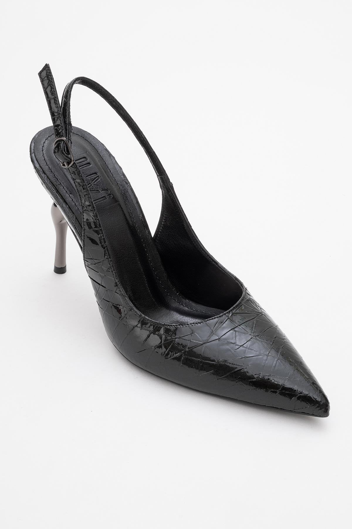 Chica - Black Patterned Backless Pointed High Heel (Women)
