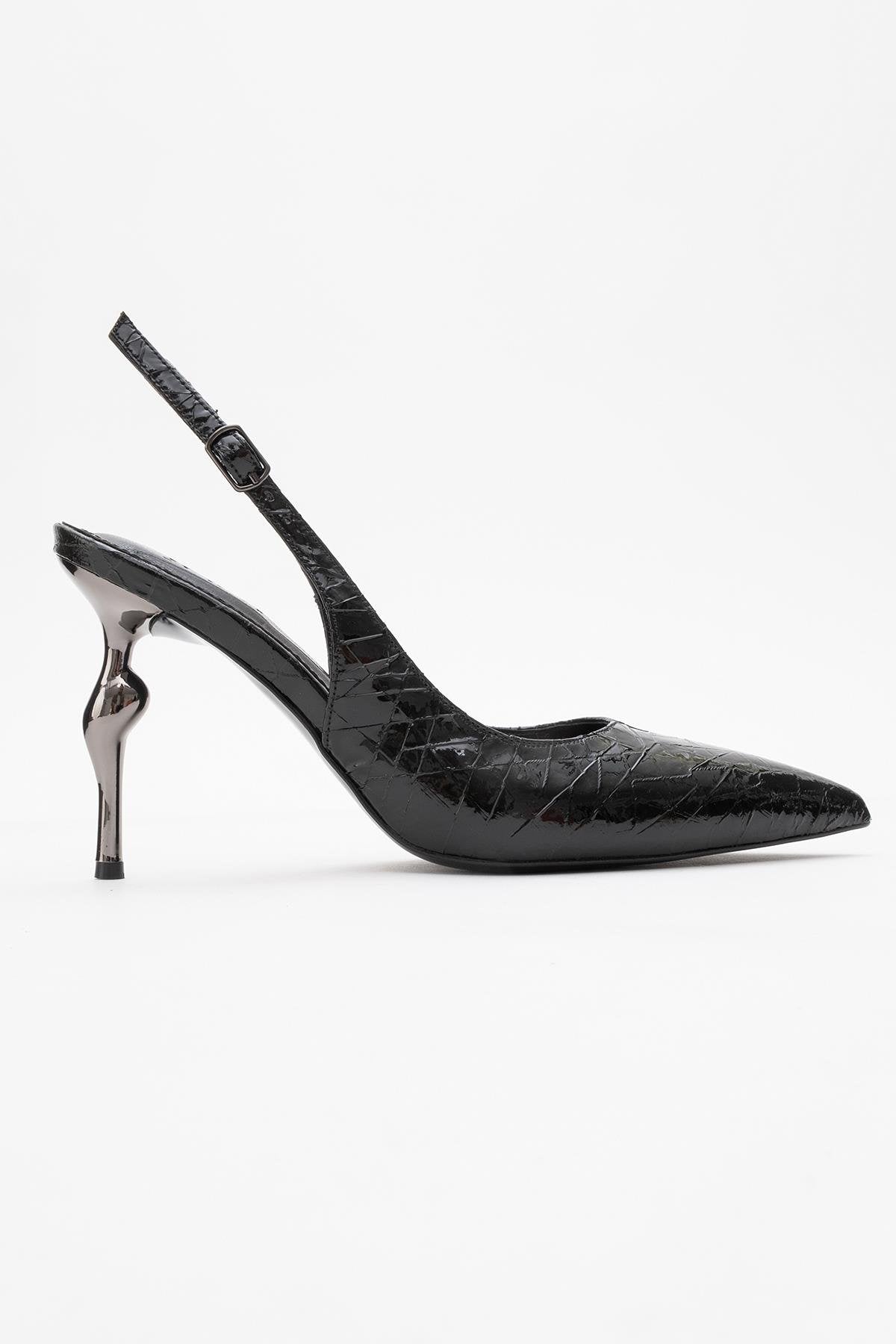 Chica - Black Patterned Backless Pointed High Heel (Women)