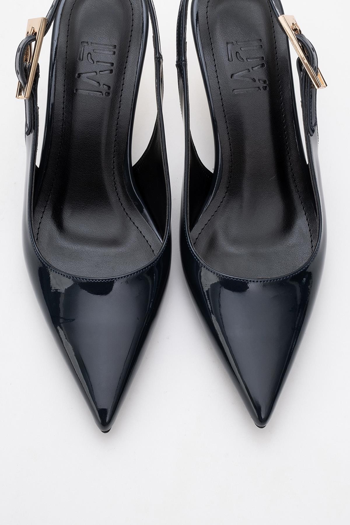 Arty - Navy Patent Buckled Pointed Toe Slingback Stiletto (Women)