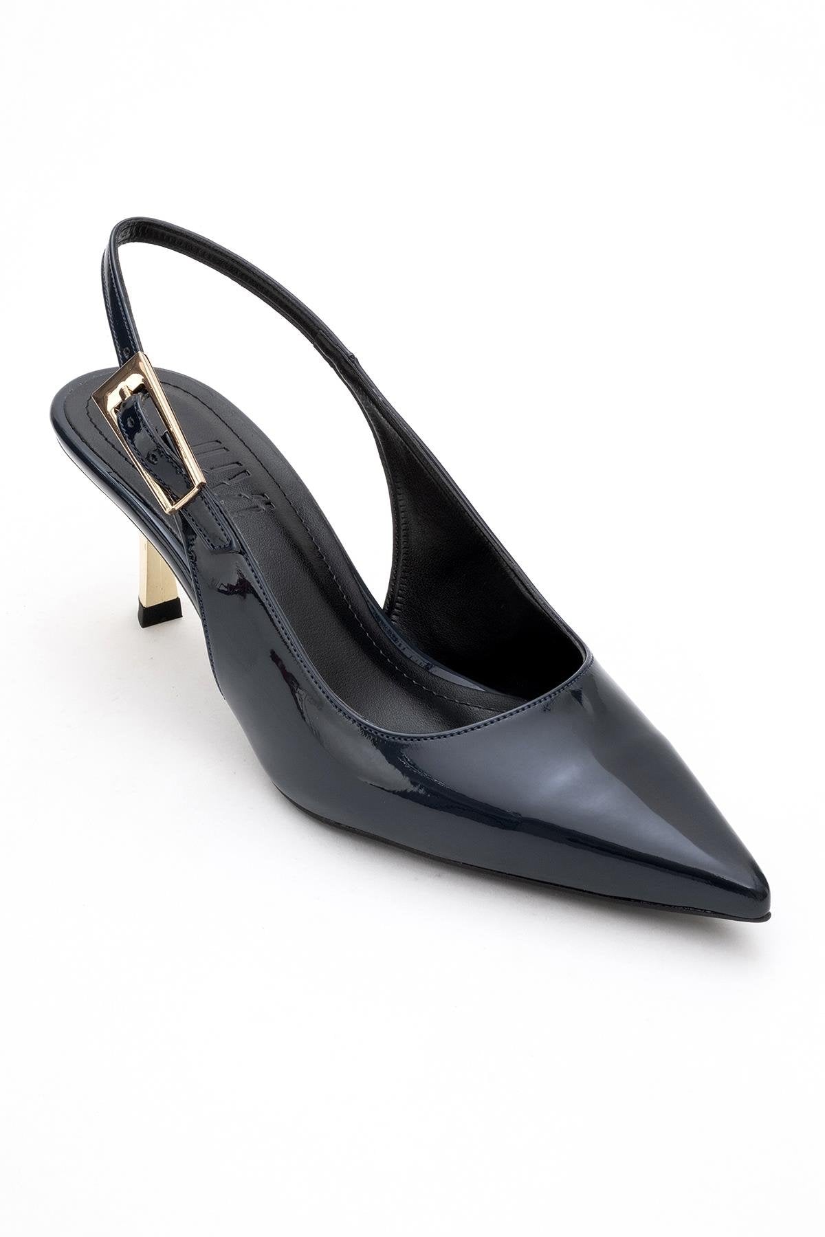 Arty - Navy Patent Buckled Pointed Toe Slingback Stiletto (Women)