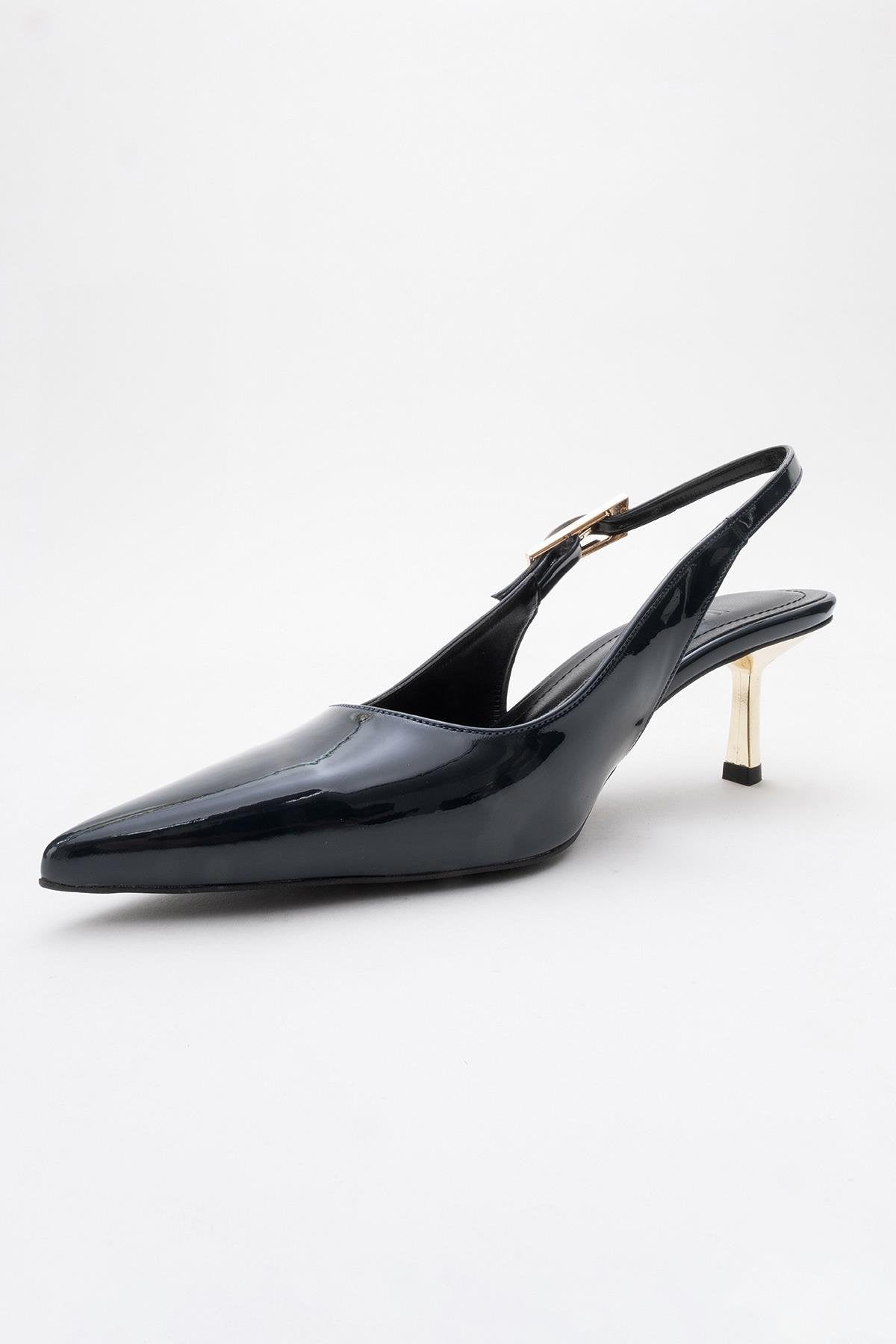 Arty - Navy Patent Buckled Pointed Toe Slingback Stiletto (Women)