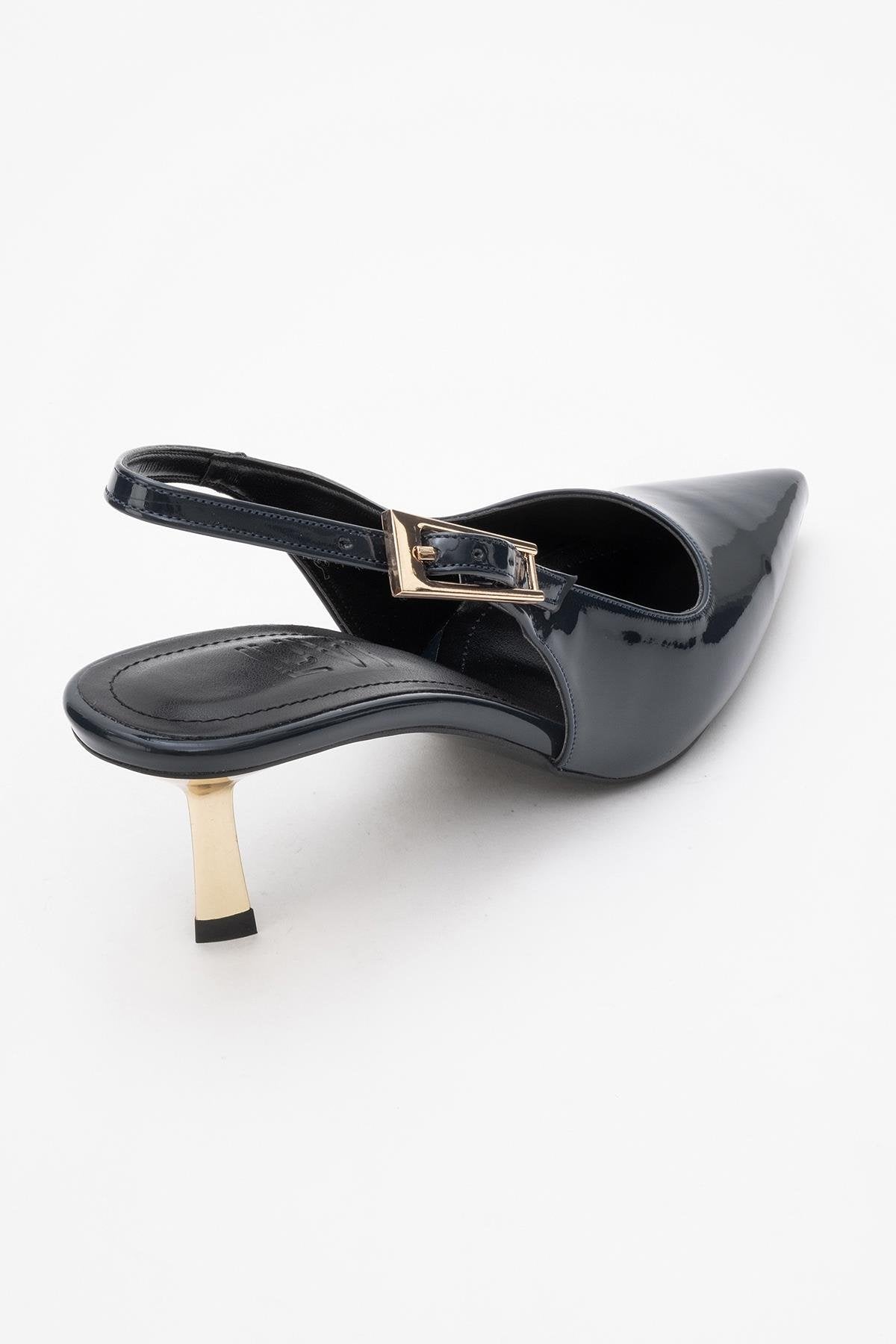 Arty - Navy Patent Buckled Pointed Toe Slingback Stiletto (Women)