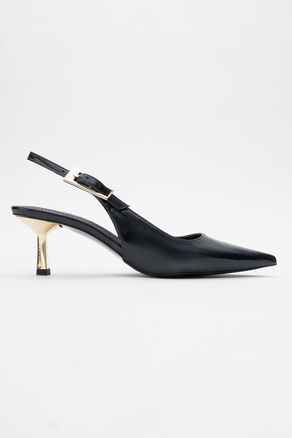 Arty - Navy Patent Buckled Pointed Toe Slingback Stiletto (Women)