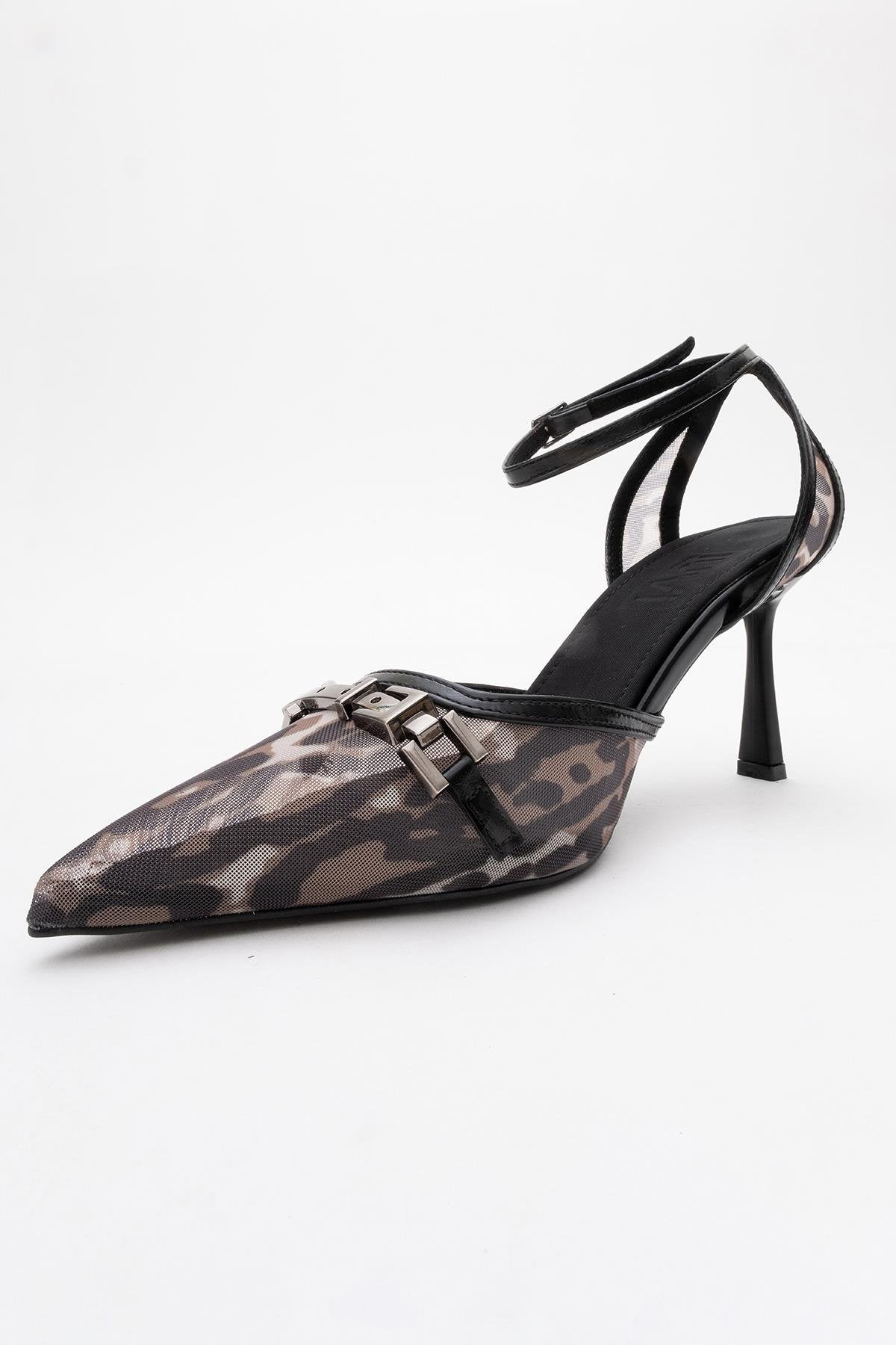Giorno - Black Patterned Mesh Ankle-Strap Stiletto (Women)