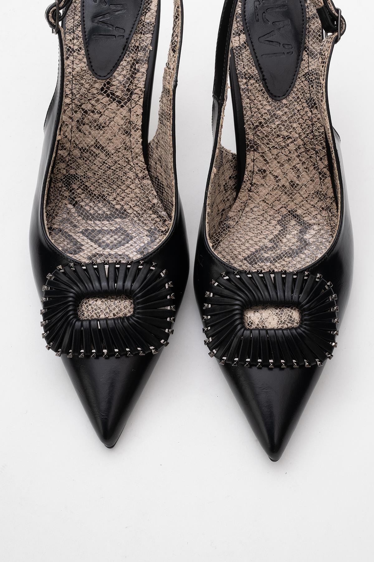 Spera - Black Patterned Buckle Slingback Stiletto (Women)