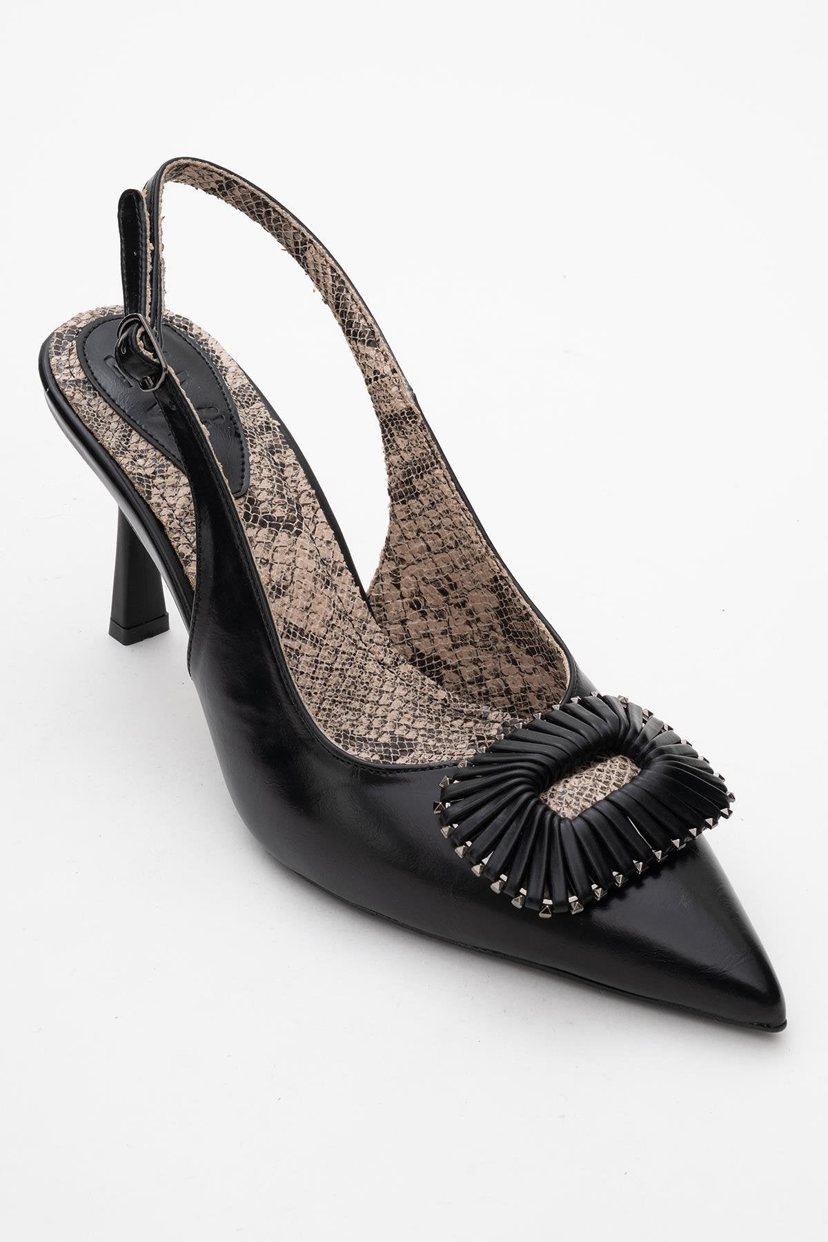 Spera - Black Patterned Buckle Slingback Stiletto (Women)