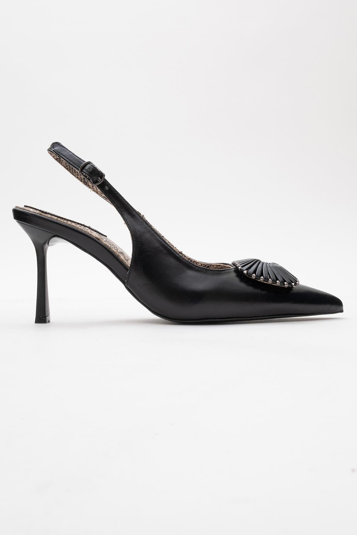 Spera - Black Patterned Buckle Slingback Stiletto (Women)