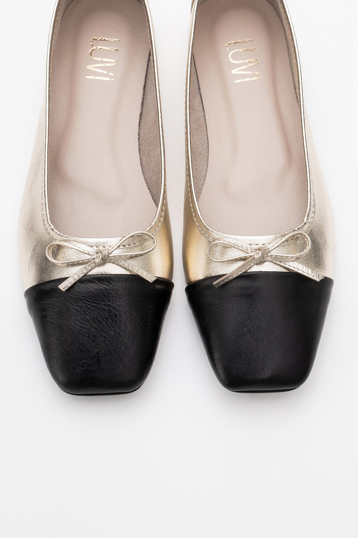 Romy - Gold-Black Genuine Leather Square Toe Bow Ballet Flat (Women)