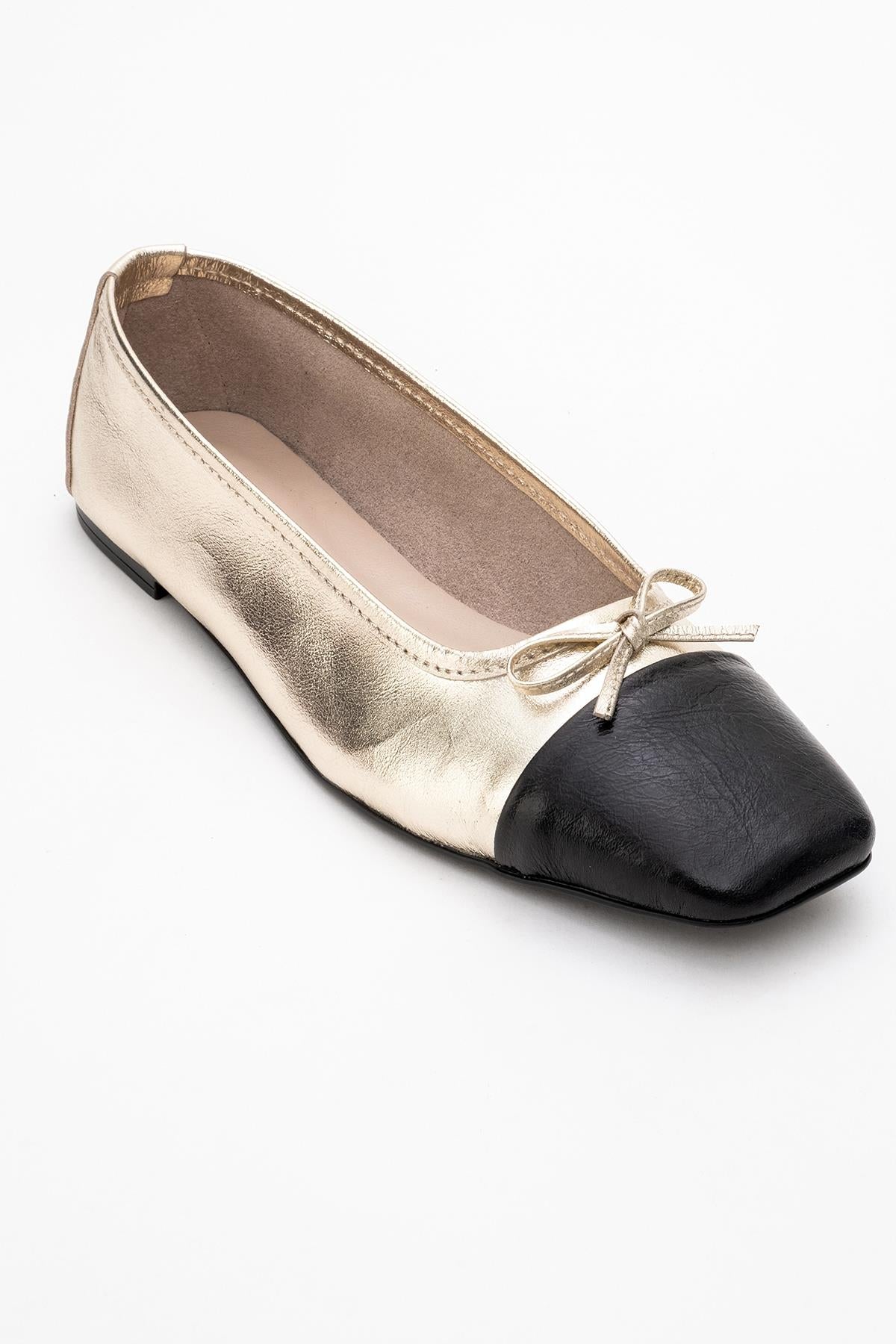 Romy - Gold-Black Genuine Leather Square Toe Bow Ballet Flat (Women)