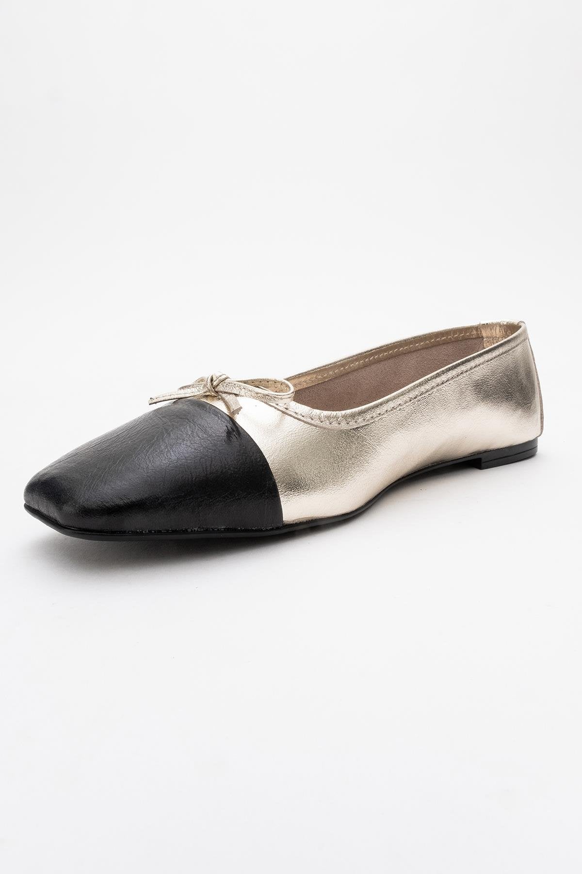 Romy - Gold-Black Genuine Leather Square Toe Bow Ballet Flat (Women)