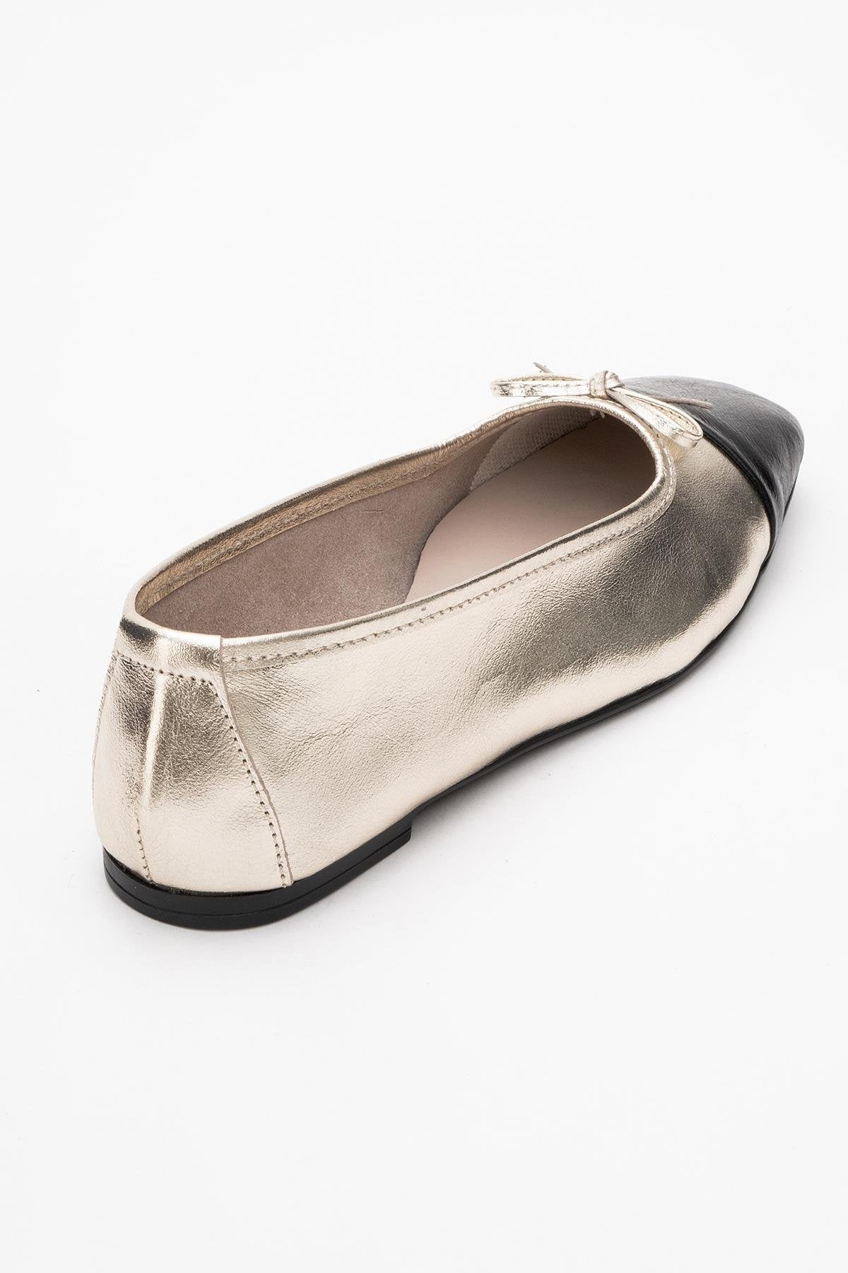 Romy - Gold-Black Genuine Leather Square Toe Bow Ballet Flat (Women)