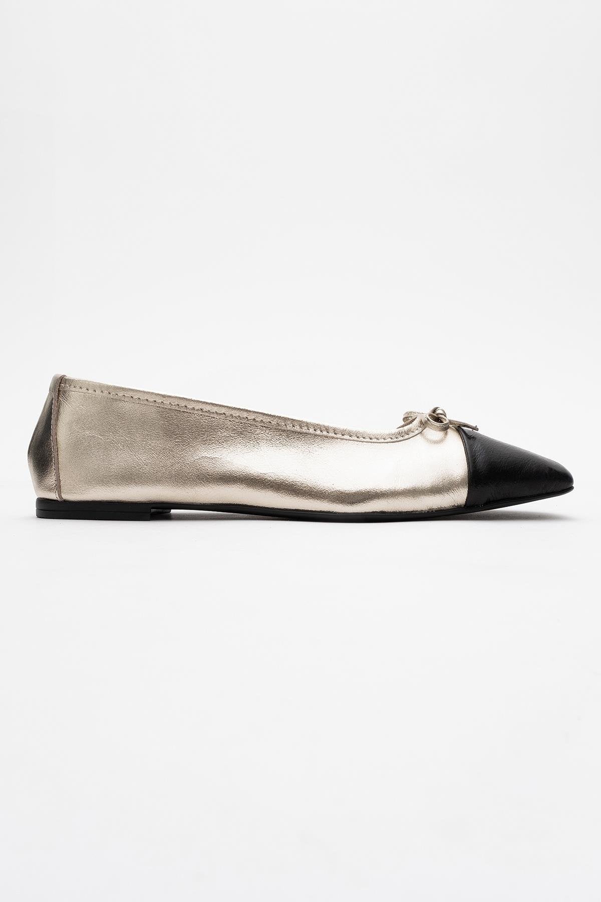 Romy - Gold-Black Genuine Leather Square Toe Bow Ballet Flat (Women)