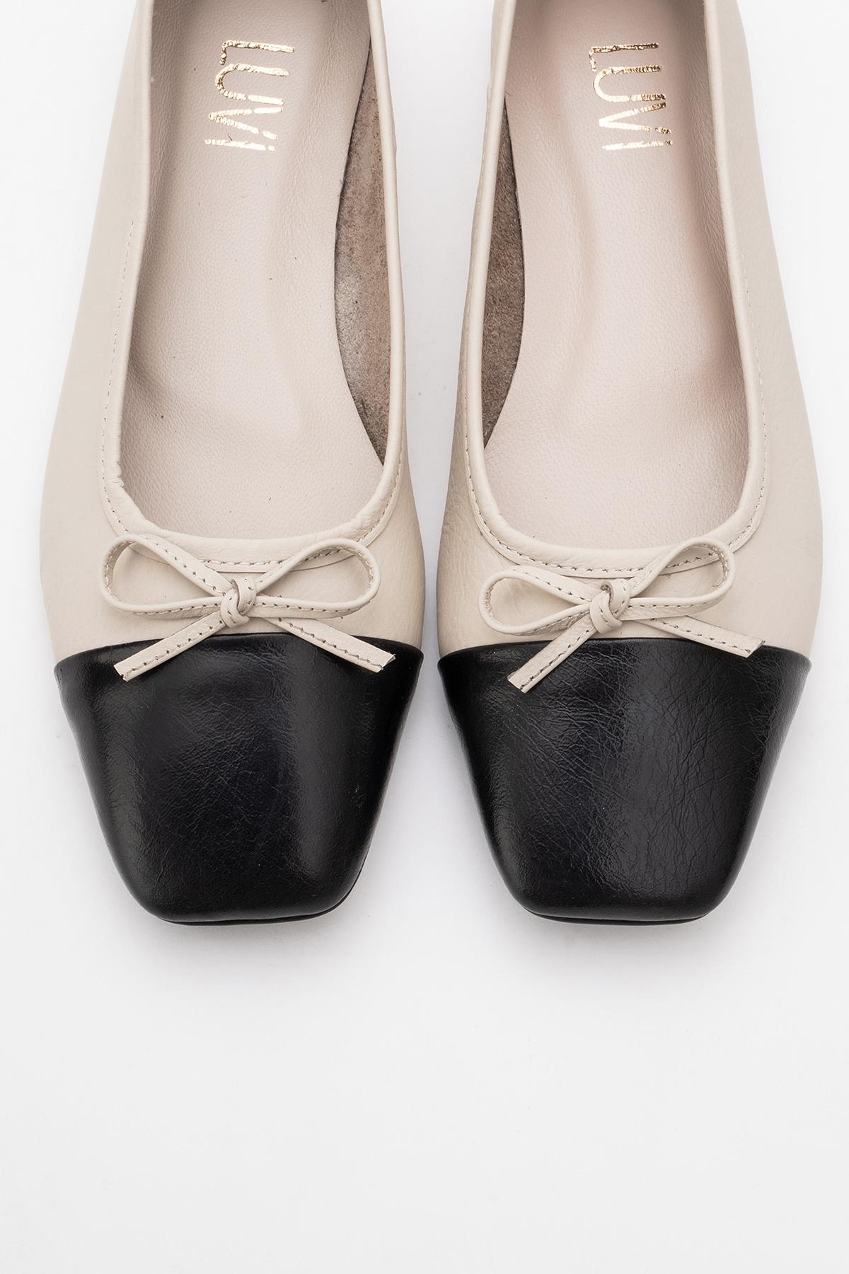 Romy - Off-White-Black Genuine Leather Square Toe Bow Ballet Flat (Women)