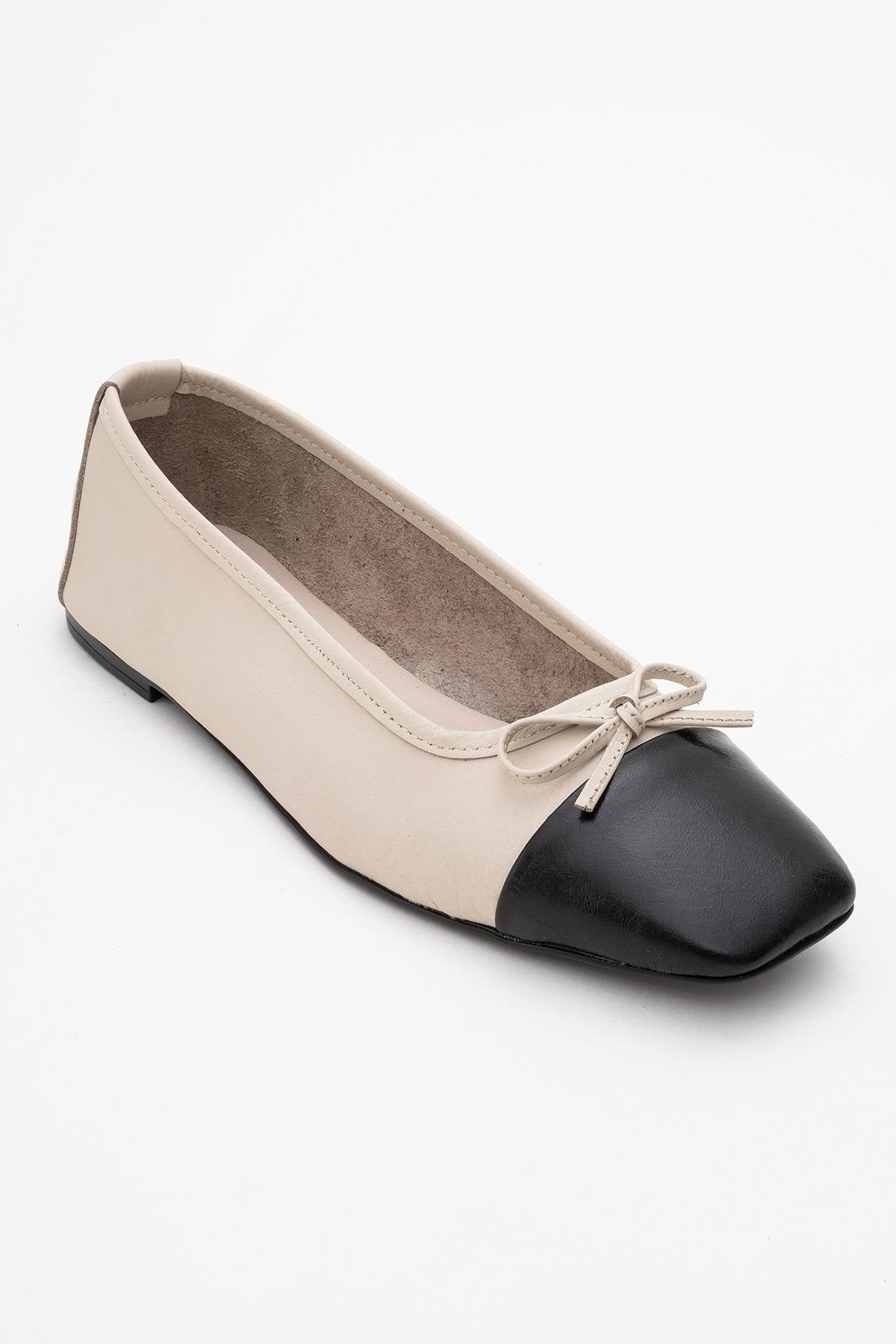Romy - Off-White-Black Genuine Leather Square Toe Bow Ballet Flat (Women)