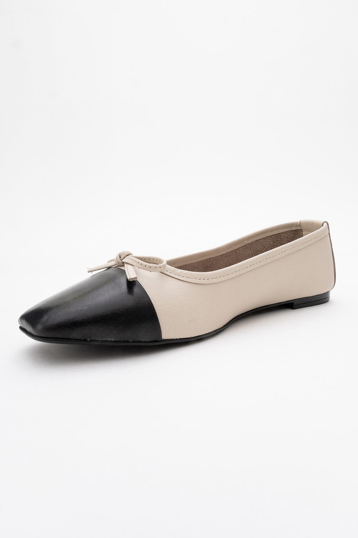Romy - Off-White-Black Genuine Leather Square Toe Bow Ballet Flat (Women)