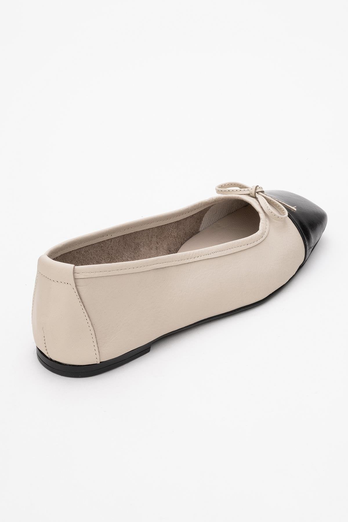 Romy - Off-White-Black Genuine Leather Square Toe Bow Ballet Flat (Women)