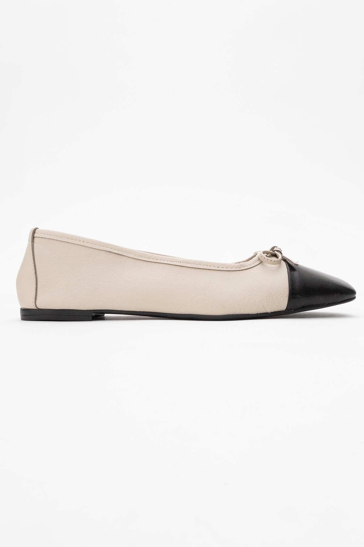 Romy - Off-White-Black Genuine Leather Square Toe Bow Ballet Flat (Women)