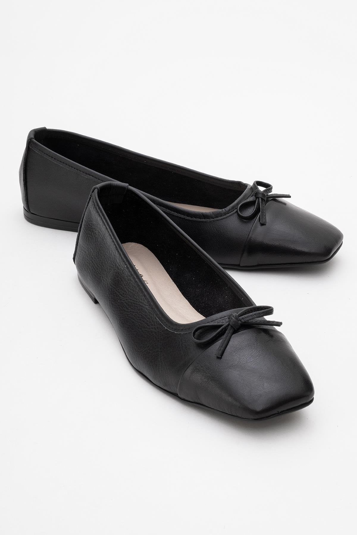 Romy - Black Genuine Leather Square-Toe Bow Ballet Flat (Women)