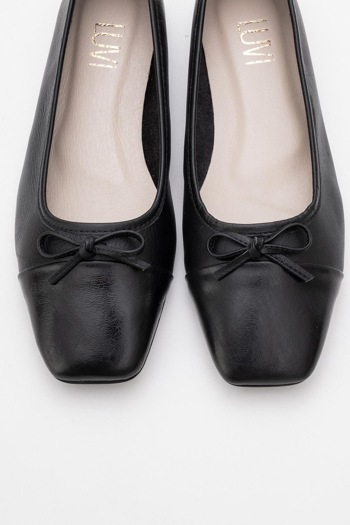 Romy - Black Genuine Leather Square-Toe Bow Ballet Flat (Women)