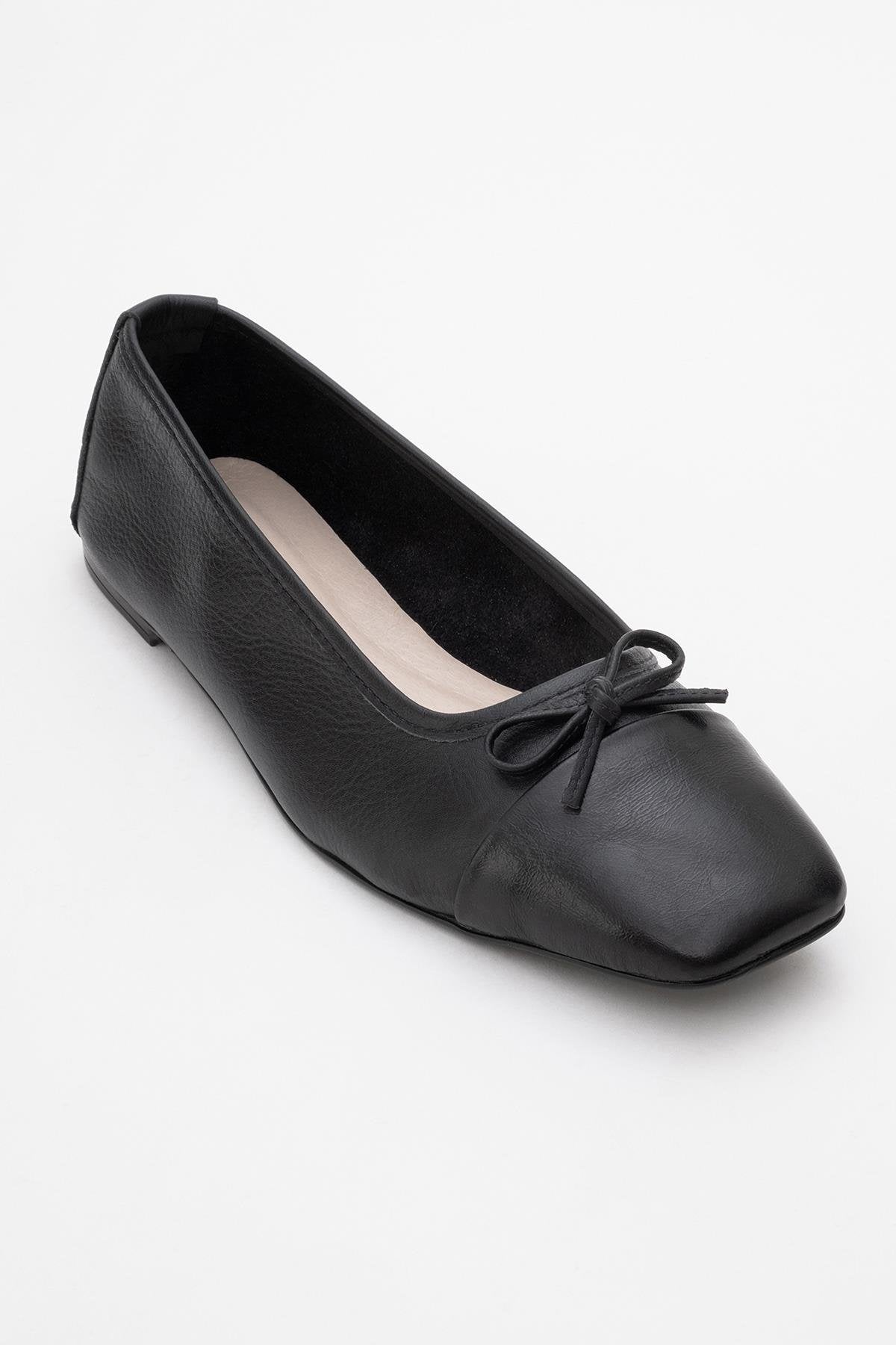Romy - Black Genuine Leather Square-Toe Bow Ballet Flat (Women)