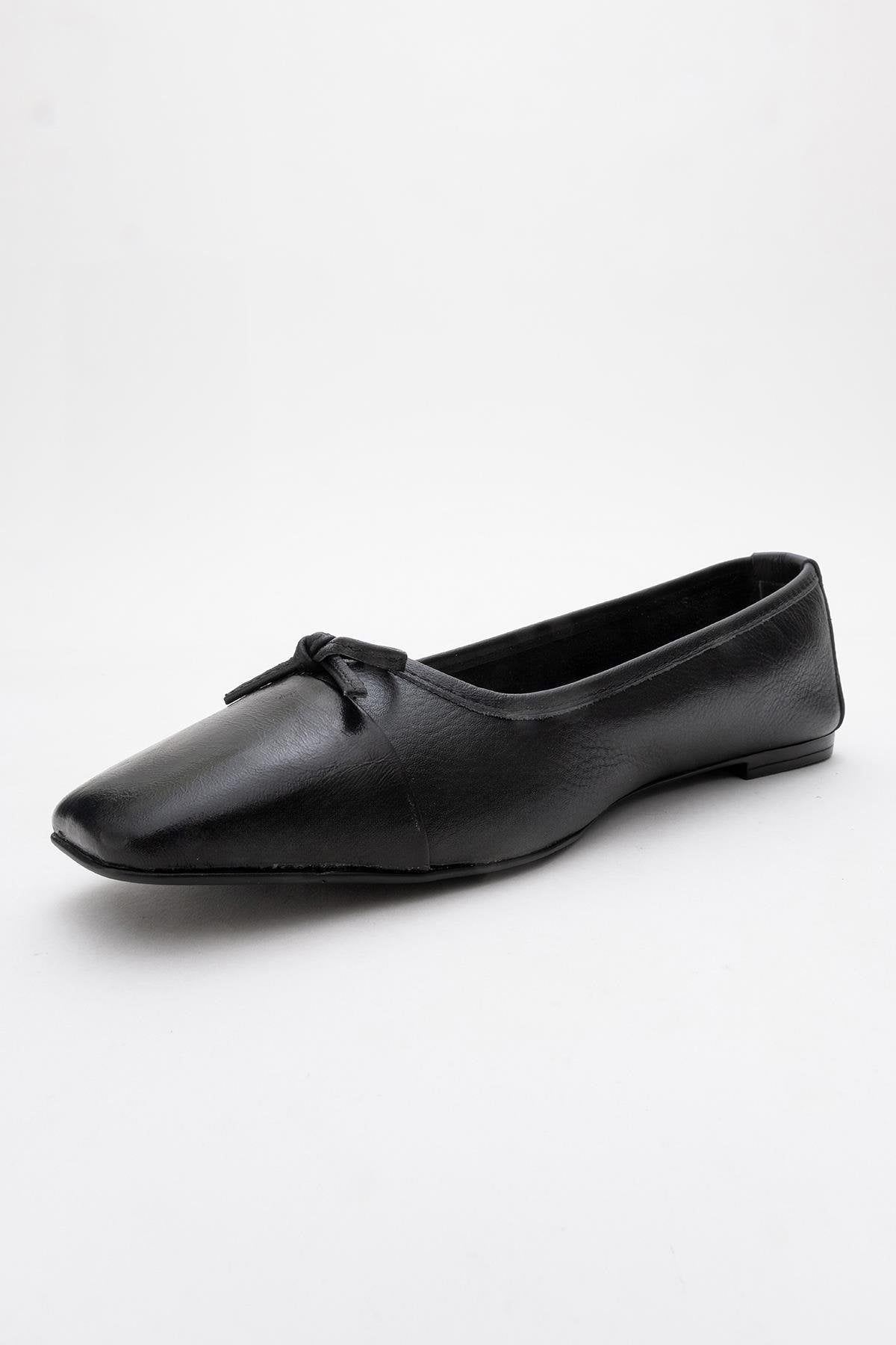 Romy - Black Genuine Leather Square-Toe Bow Ballet Flat (Women)