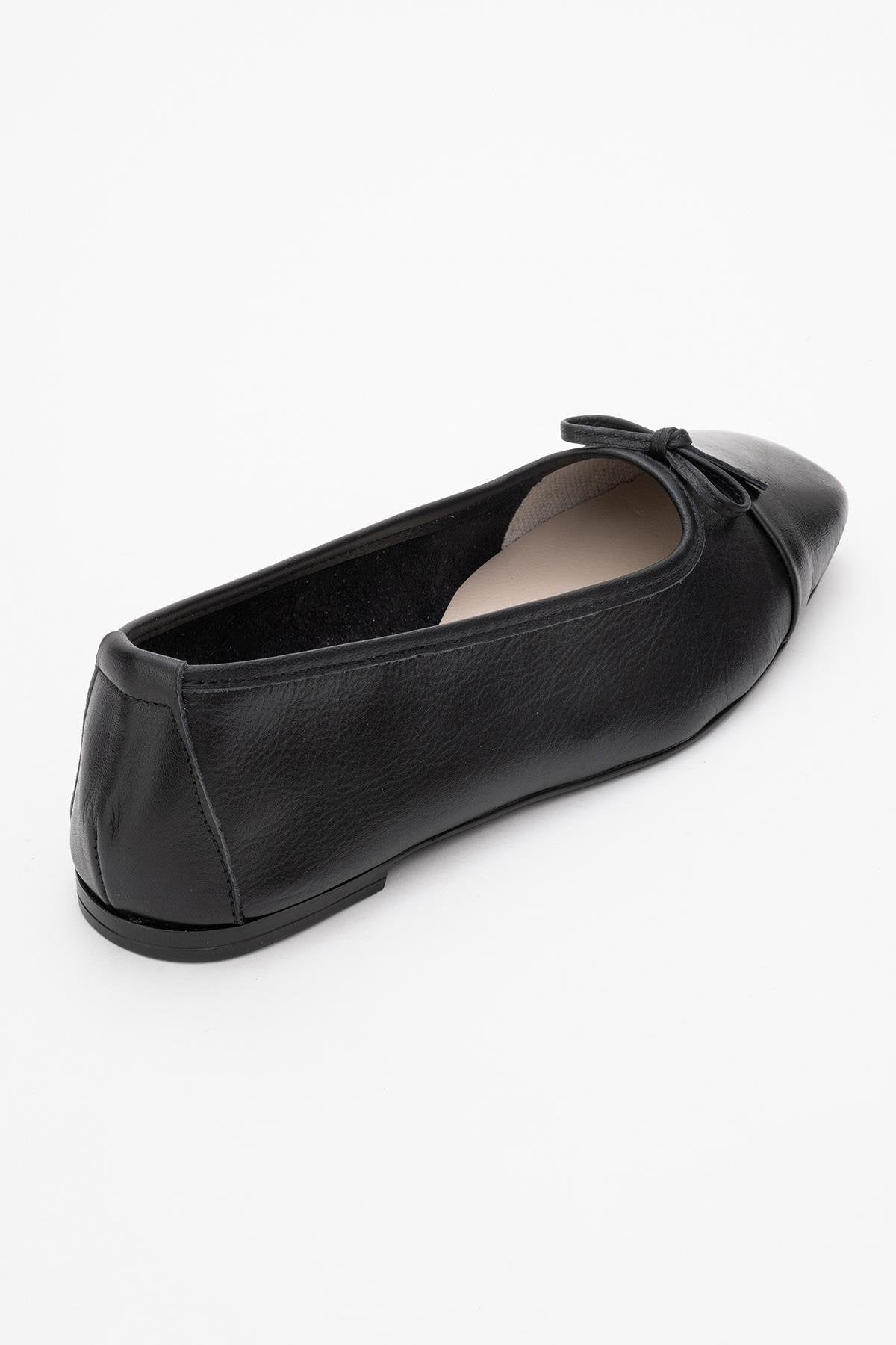 Romy - Black Genuine Leather Square-Toe Bow Ballet Flat (Women)