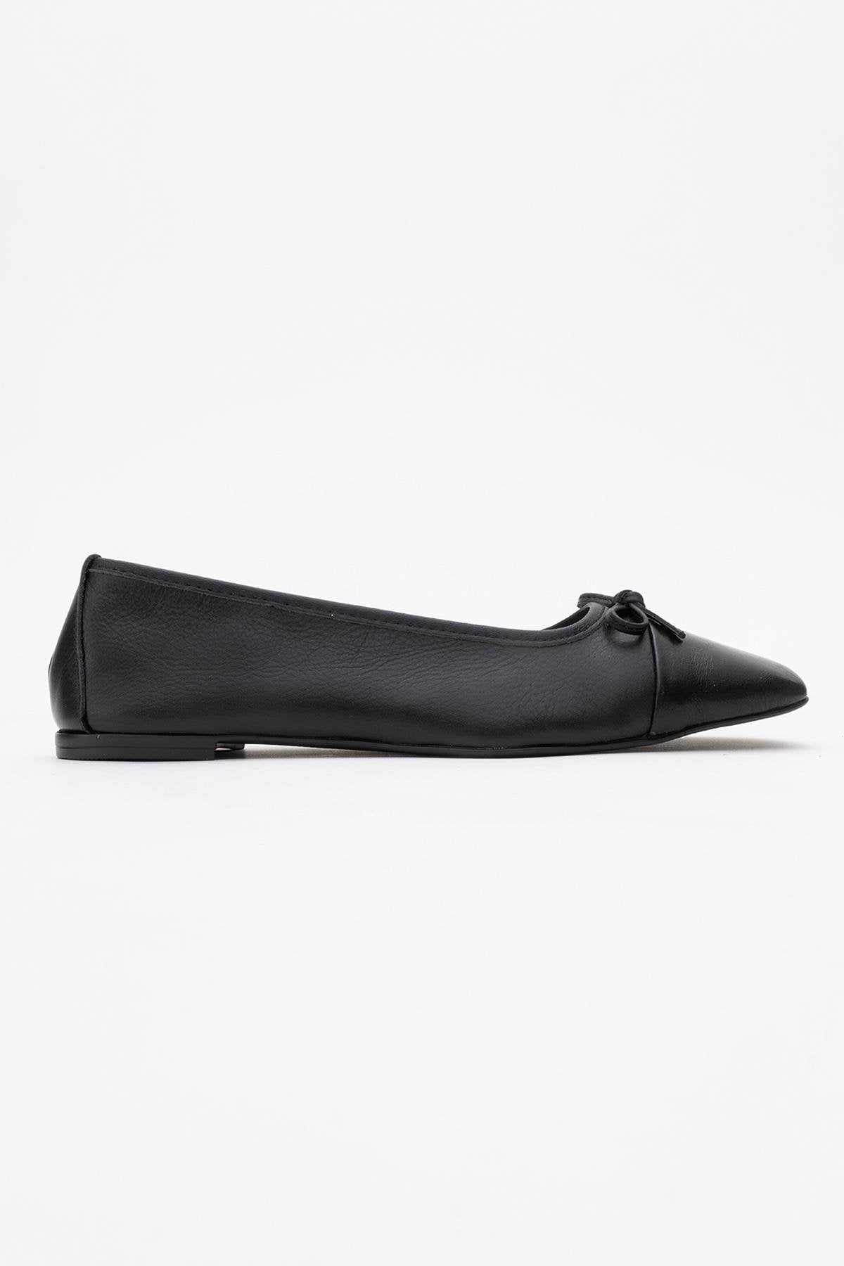 Romy - Black Genuine Leather Square-Toe Bow Ballet Flat (Women)
