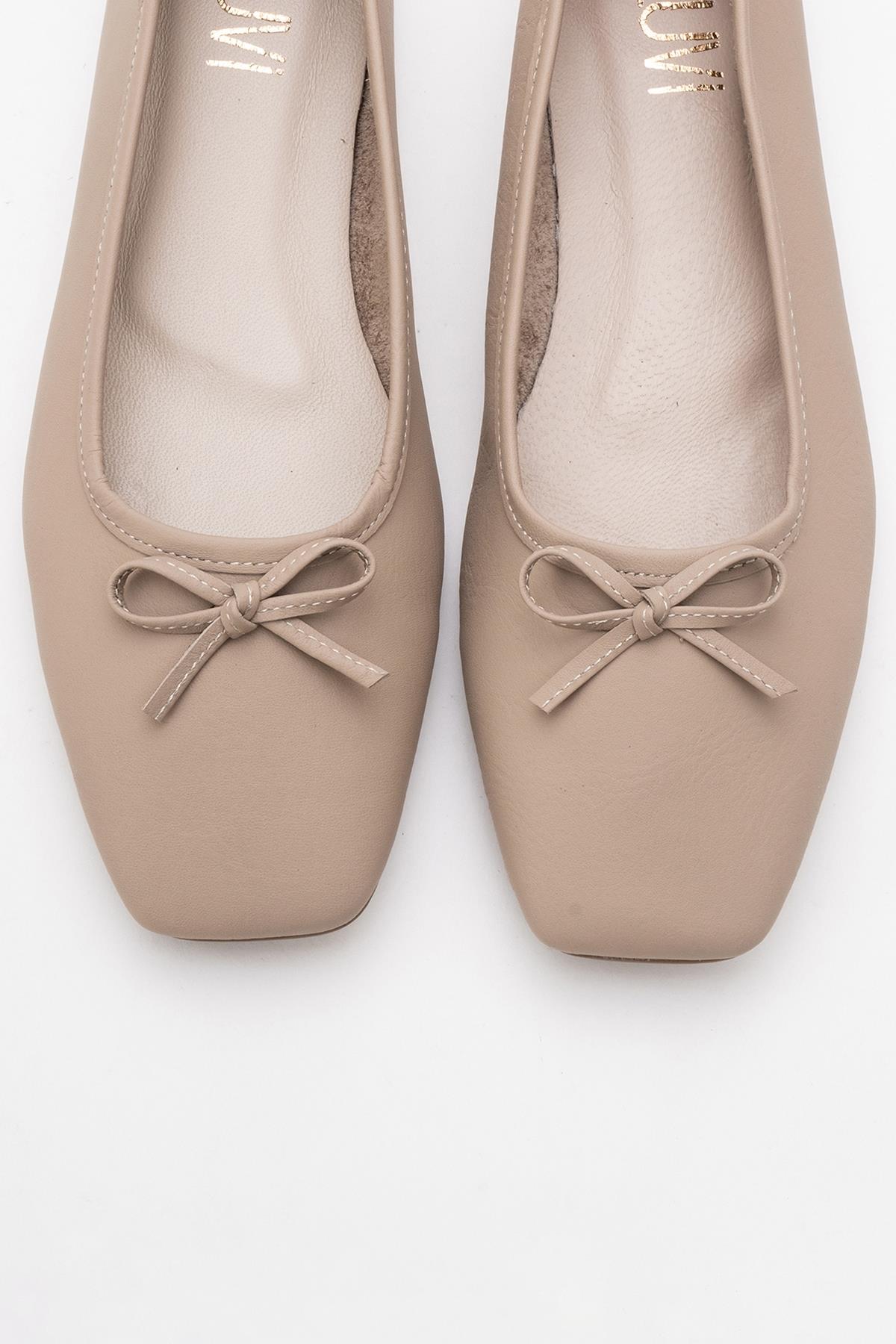 Sosa - Beige Genuine Leather Square-Toe Bow Ballet Flat (Women)
