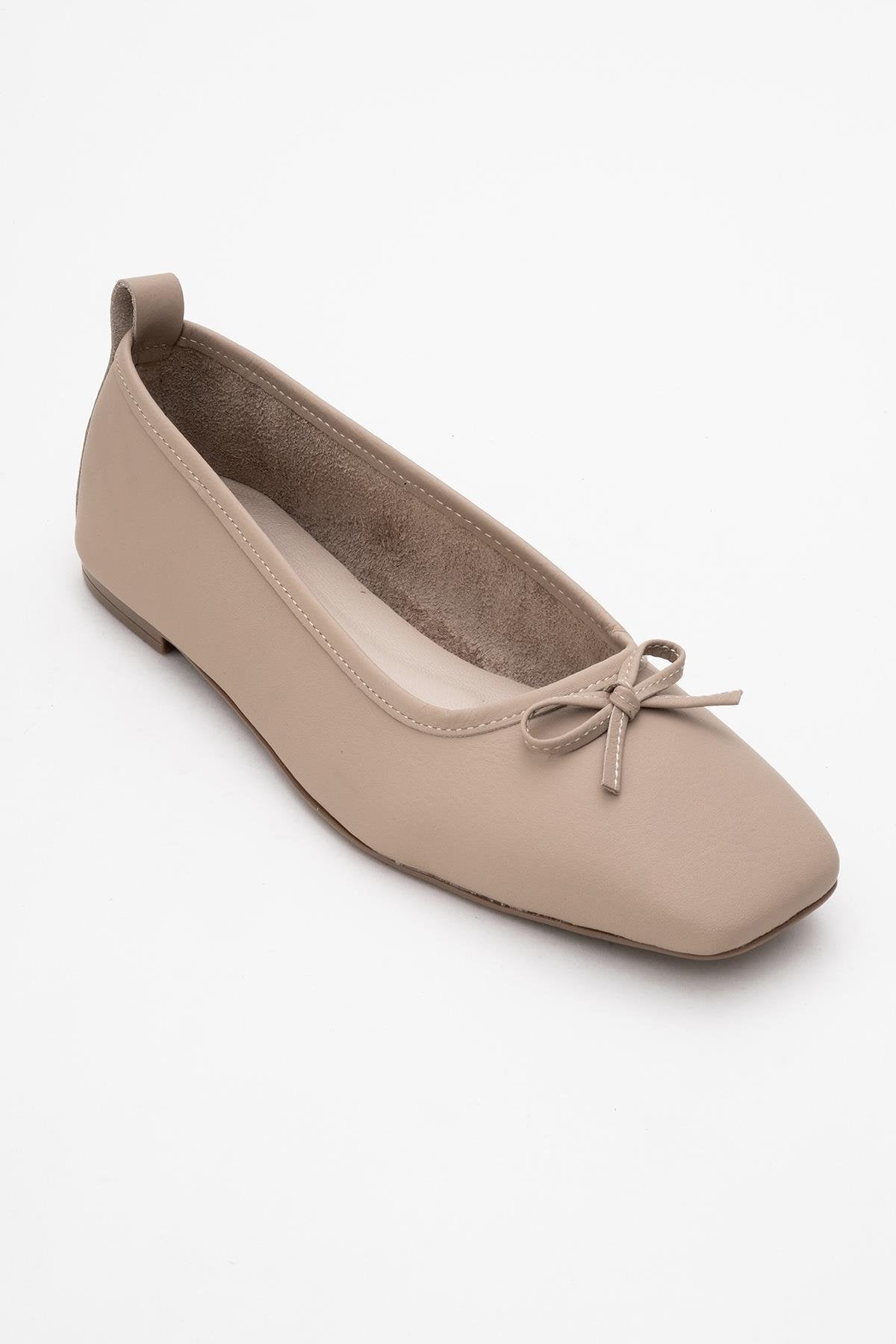 Sosa - Beige Genuine Leather Square-Toe Bow Ballet Flat (Women)