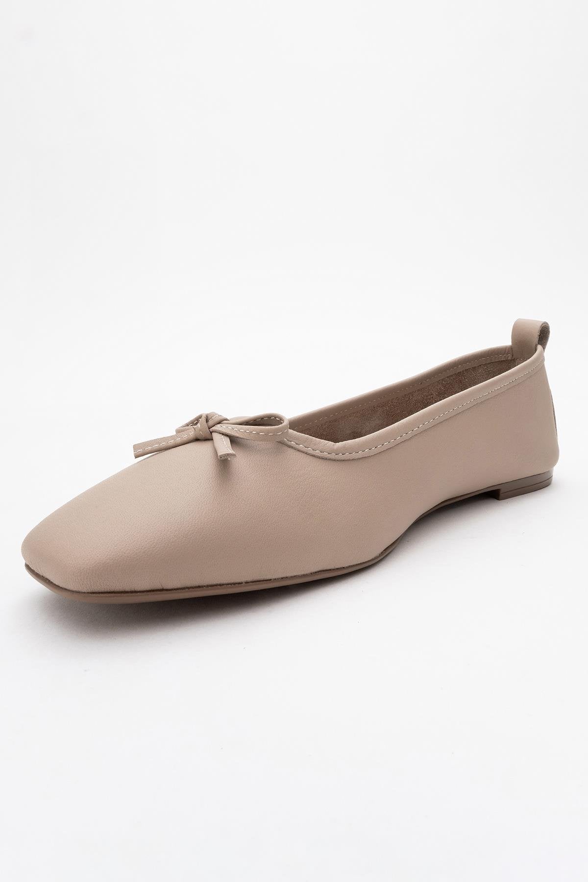 Sosa - Beige Genuine Leather Square-Toe Bow Ballet Flat (Women)
