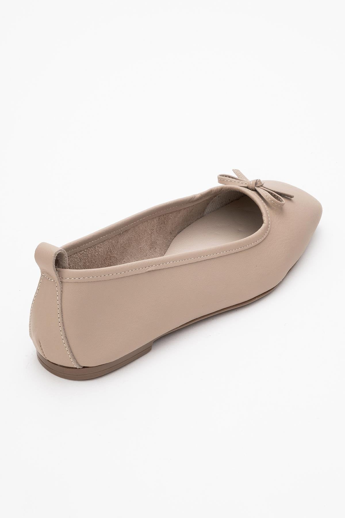 Sosa - Beige Genuine Leather Square-Toe Bow Ballet Flat (Women)