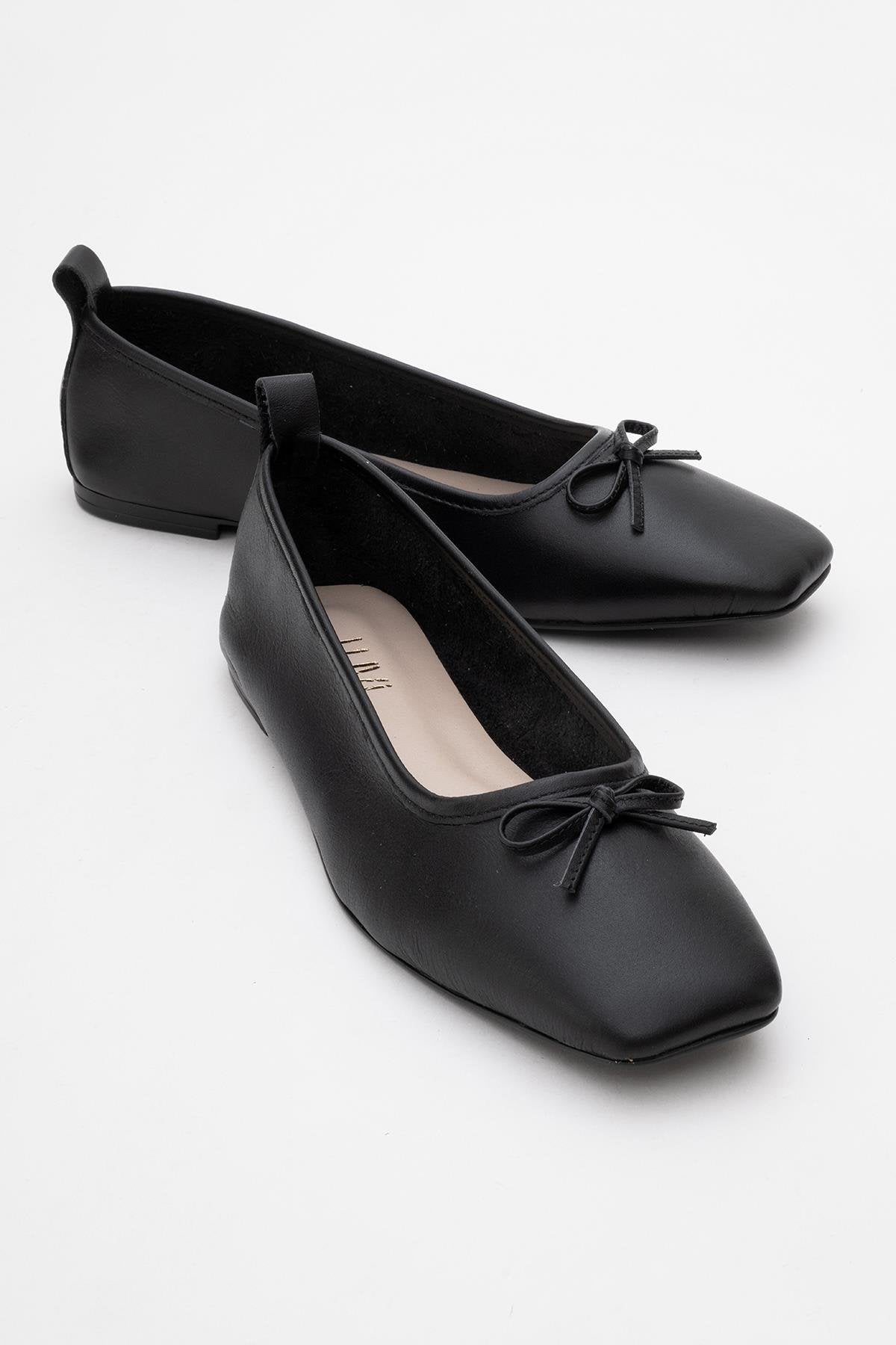 Sosa - Black Genuine Leather Square-Toe Bow Ballet Flat (Women)