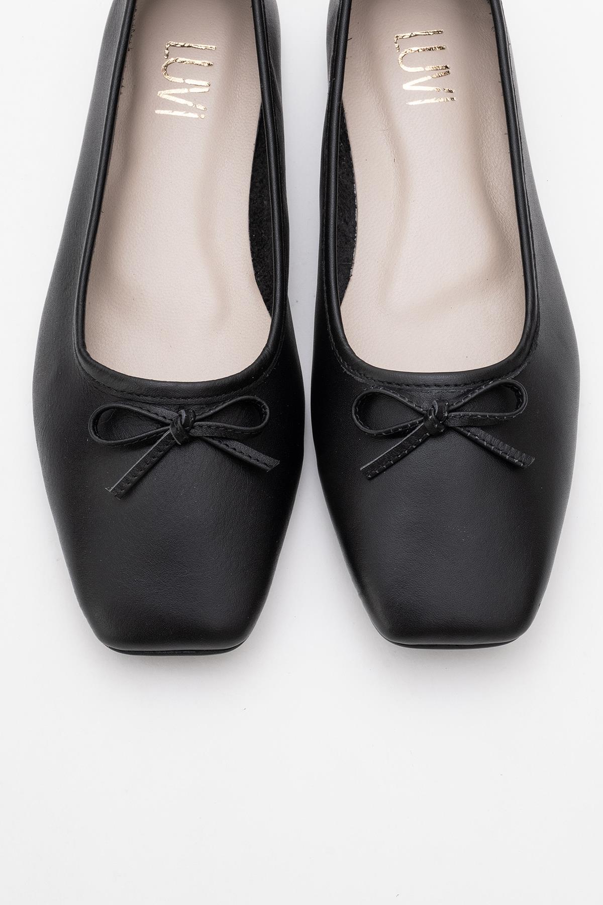 Sosa - Black Genuine Leather Square-Toe Bow Ballet Flat (Women)