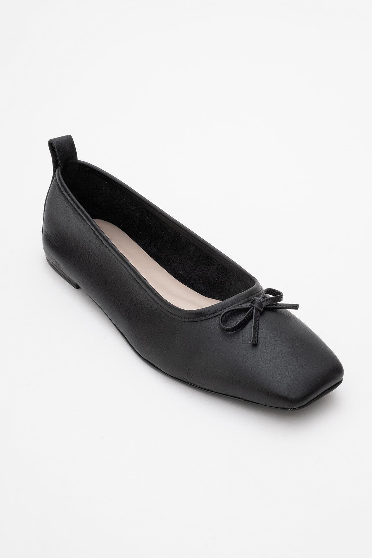 Sosa - Black Genuine Leather Square-Toe Bow Ballet Flat (Women)
