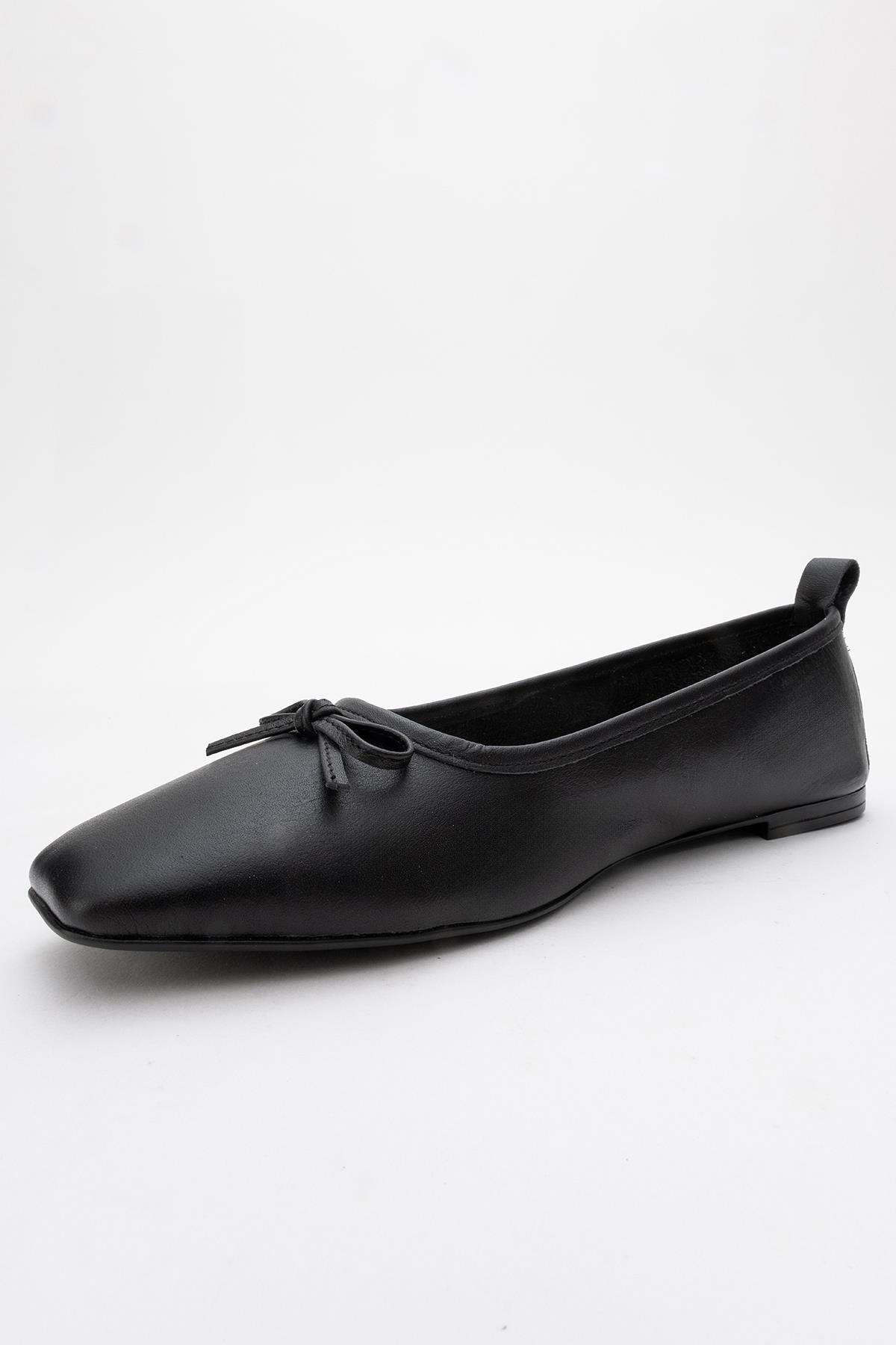 Sosa - Black Genuine Leather Square-Toe Bow Ballet Flat (Women)