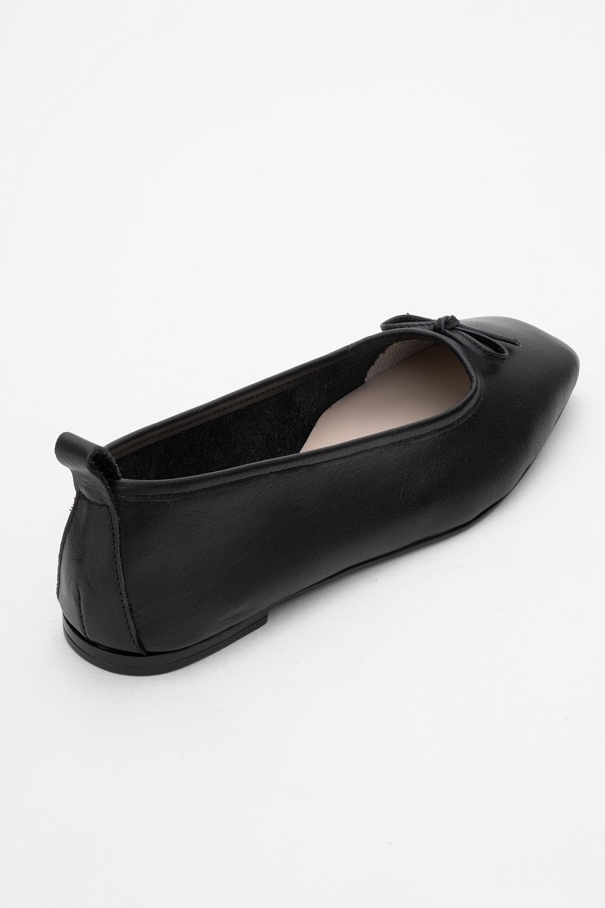 Sosa - Black Genuine Leather Square-Toe Bow Ballet Flat (Women)