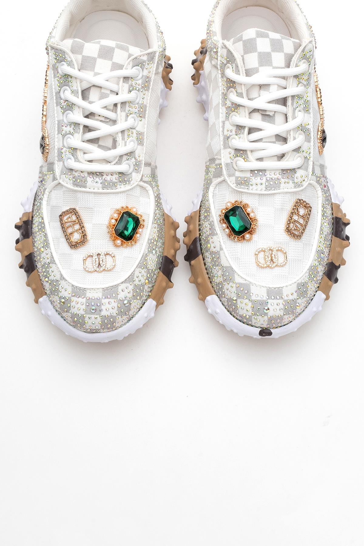 Vero - White Patterned Jeweled Sneaker (Women)