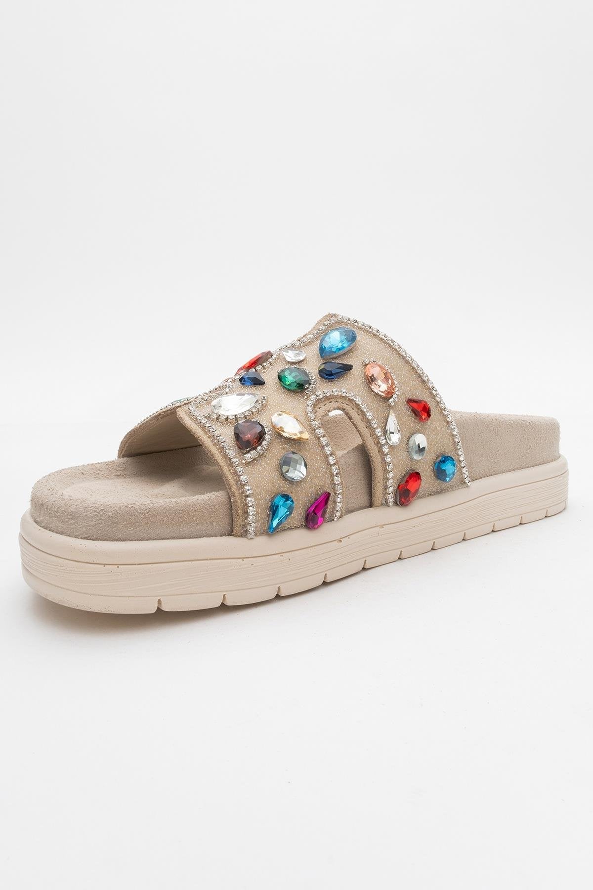 Denilla - Beige Leather Embellished Slide Sandal (Women)